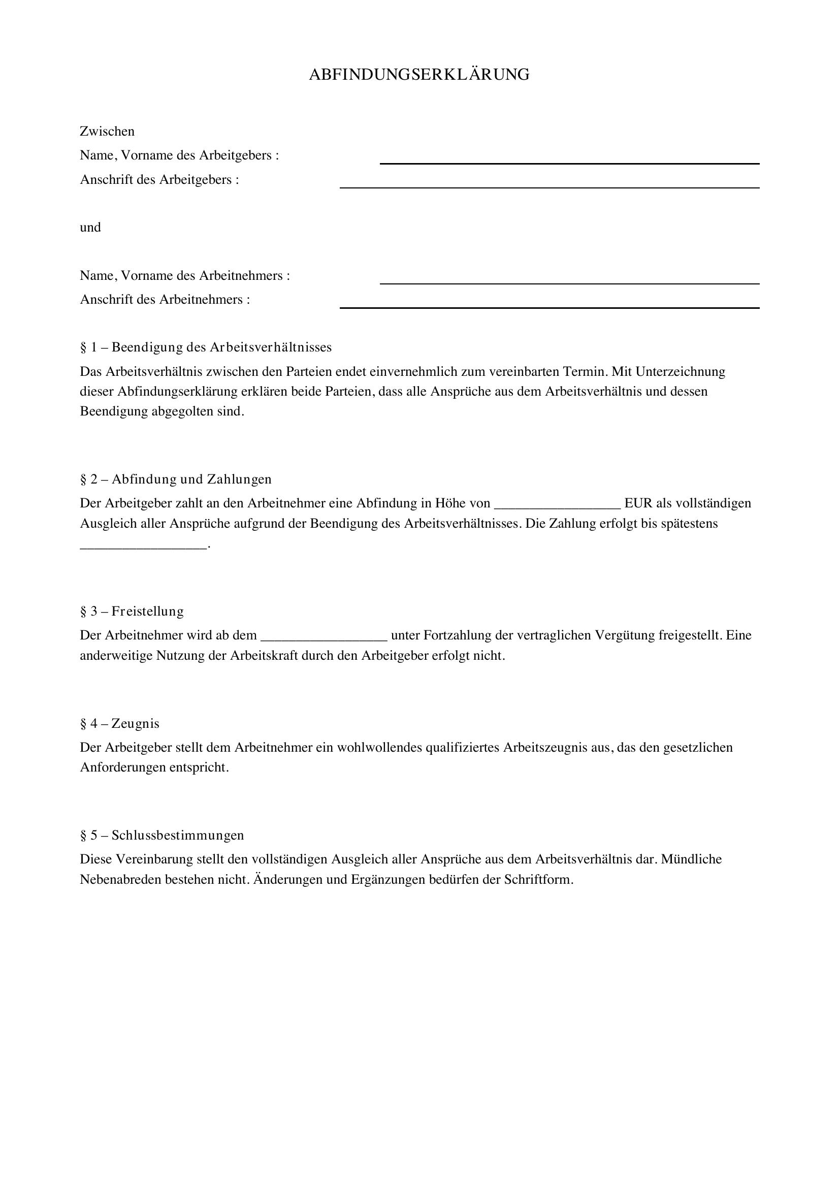 Abfindungserklärung Vorlage