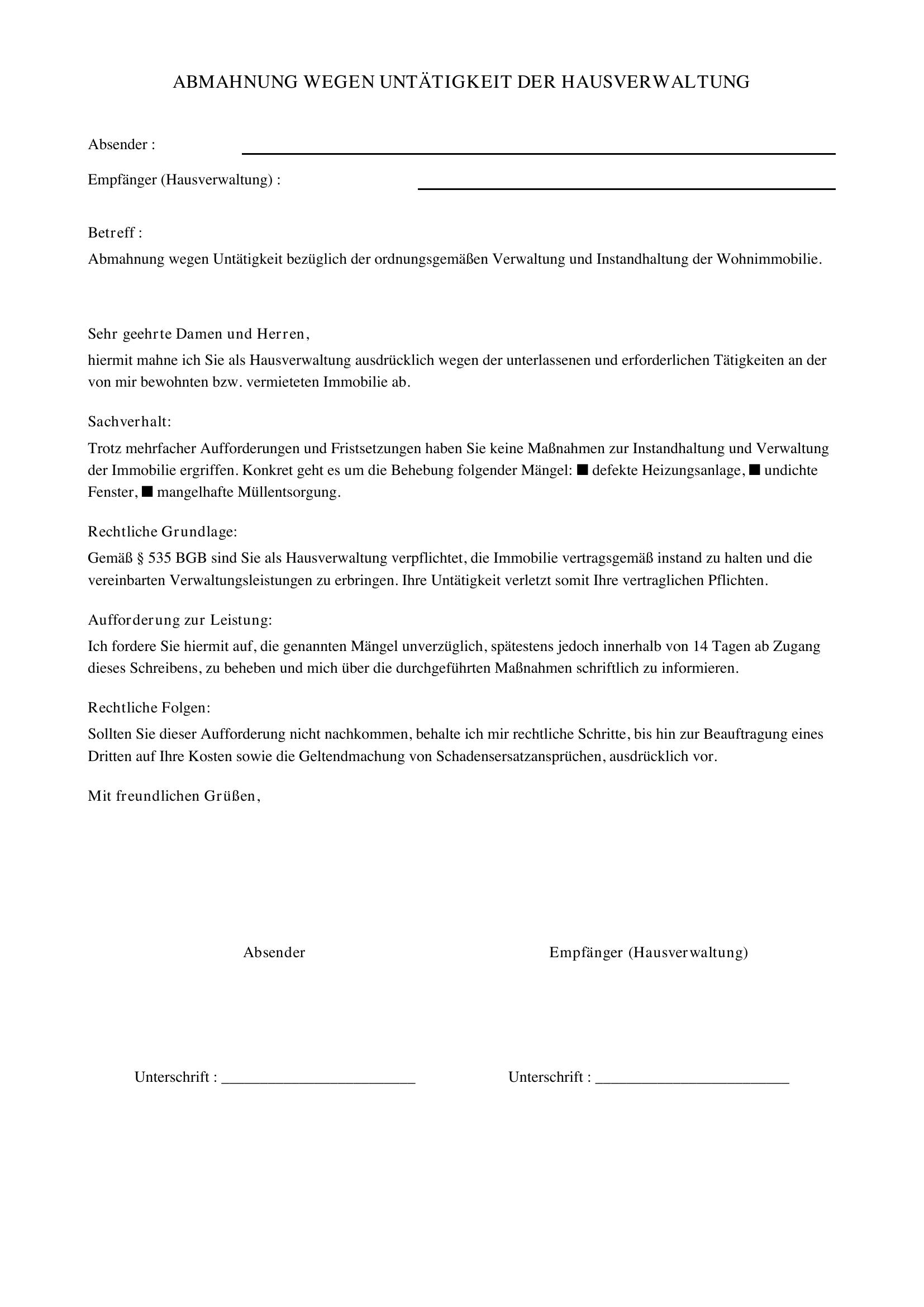 Abmahnung Hausverwaltung Wegen Untätigkeit Muster