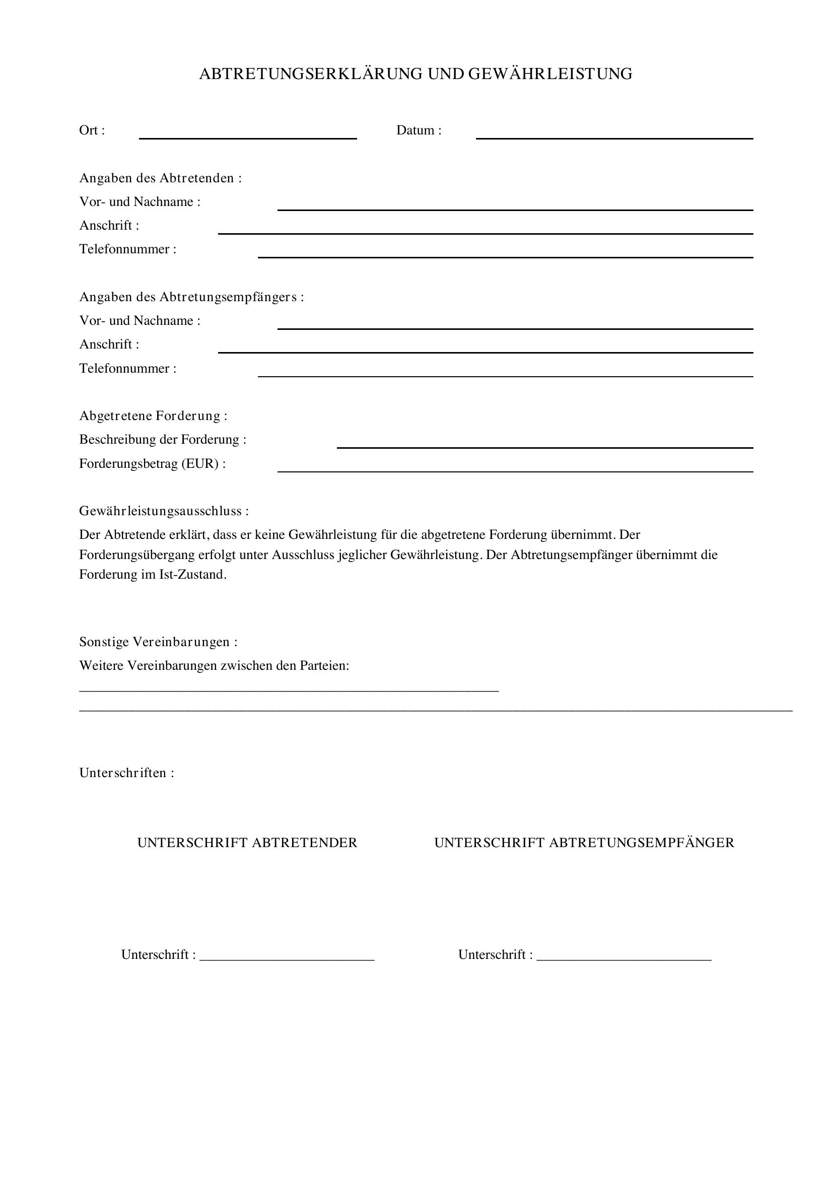 Abtretungserklärung Gewährleistung Vorlage