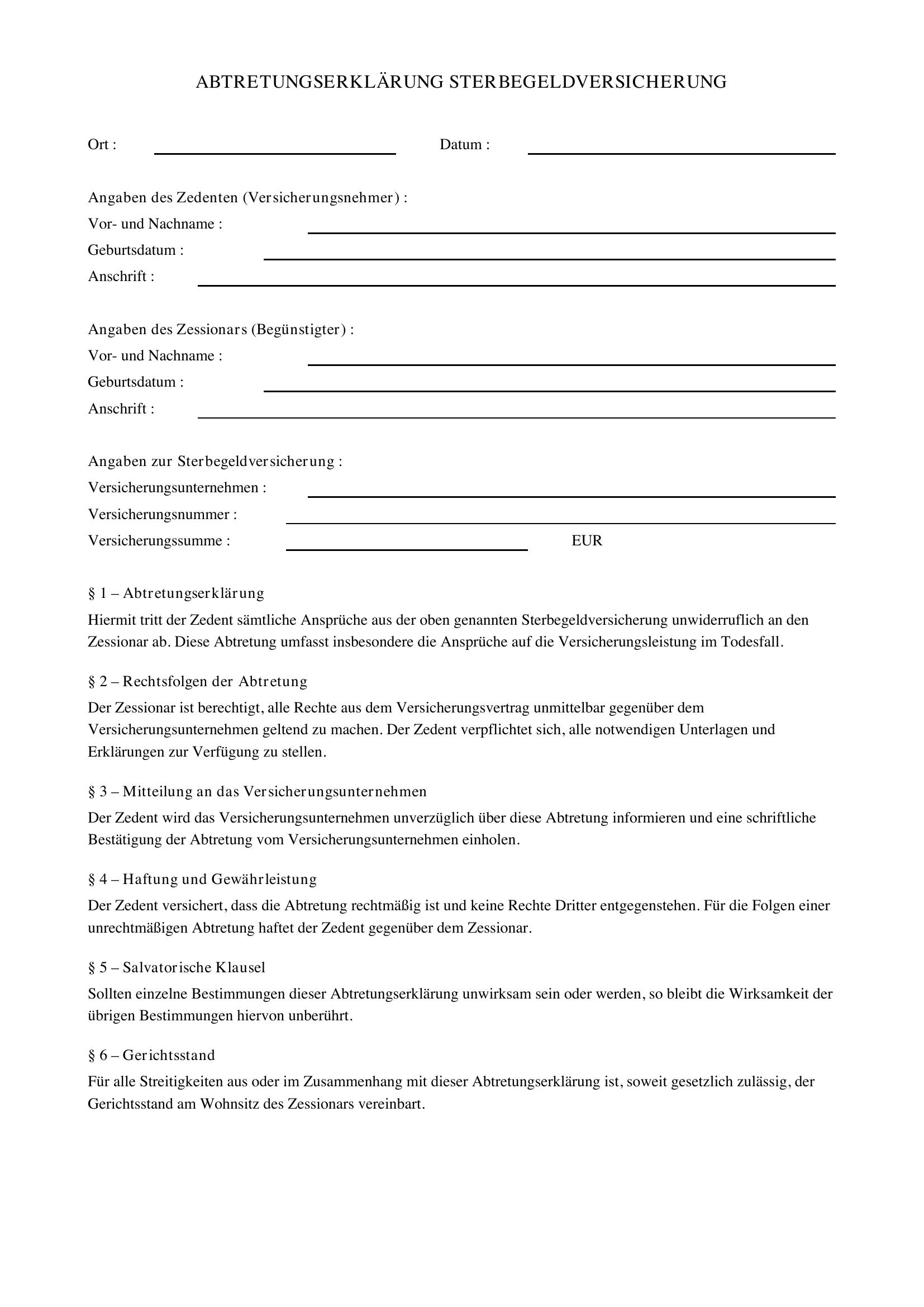 Abtretungserklärung Sterbegeldversicherung Muster