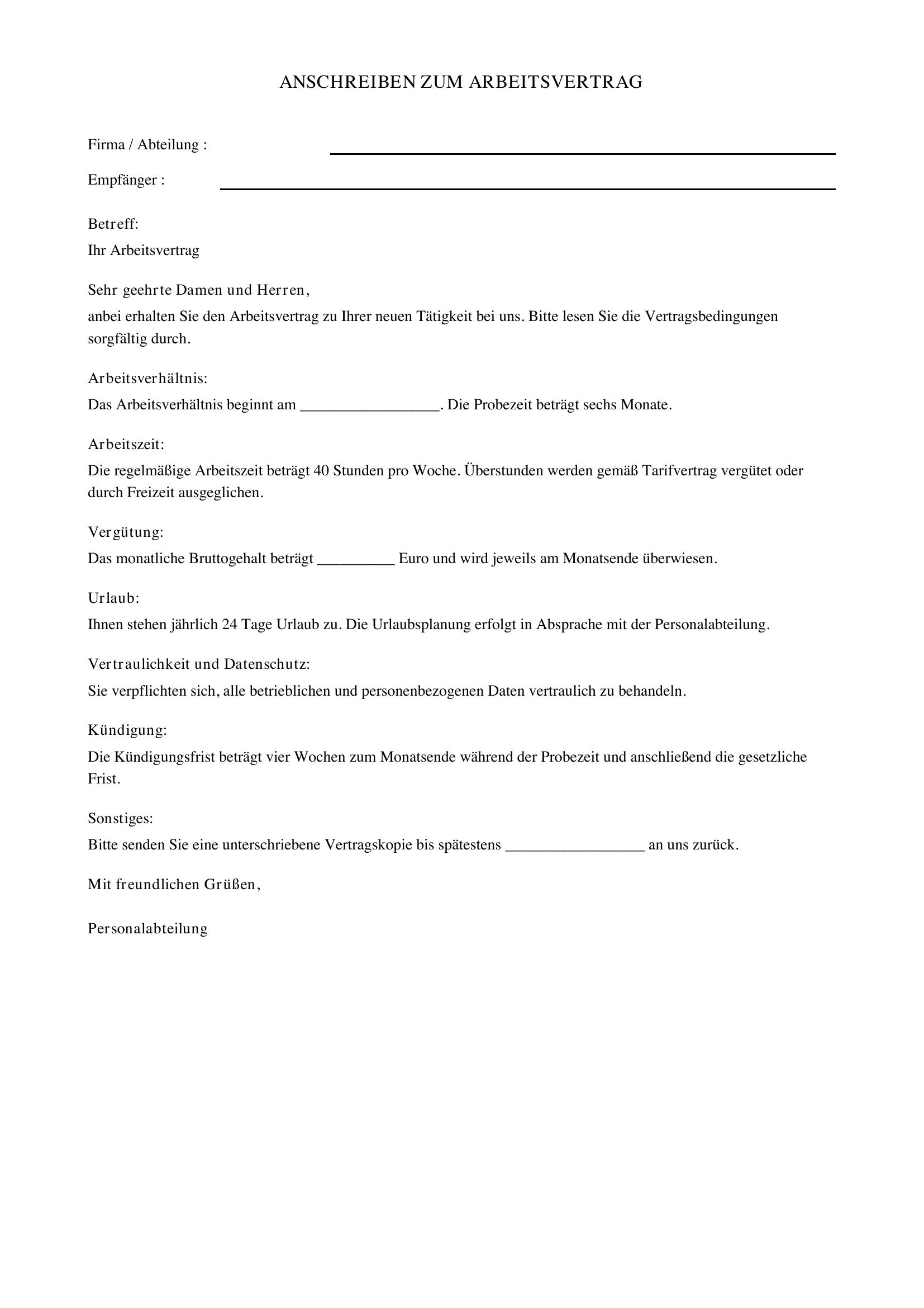 Anschreiben Arbeitsvertrag