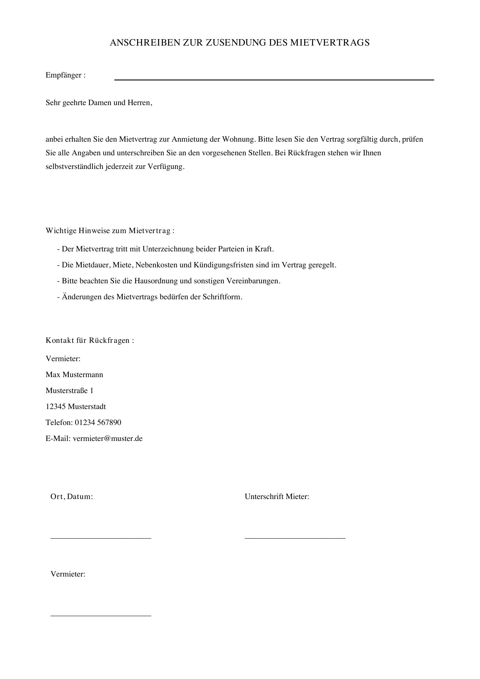 Anschreiben Mietvertrag Zusendung