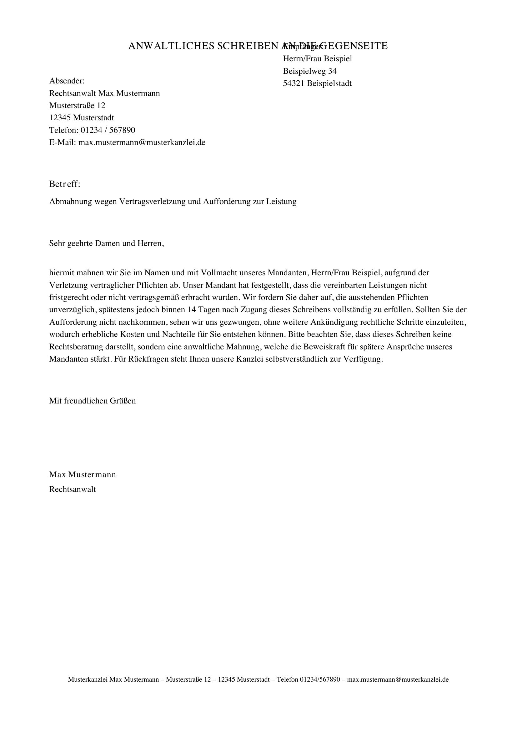 Anwaltliches Schreiben An Gegenseite Muster