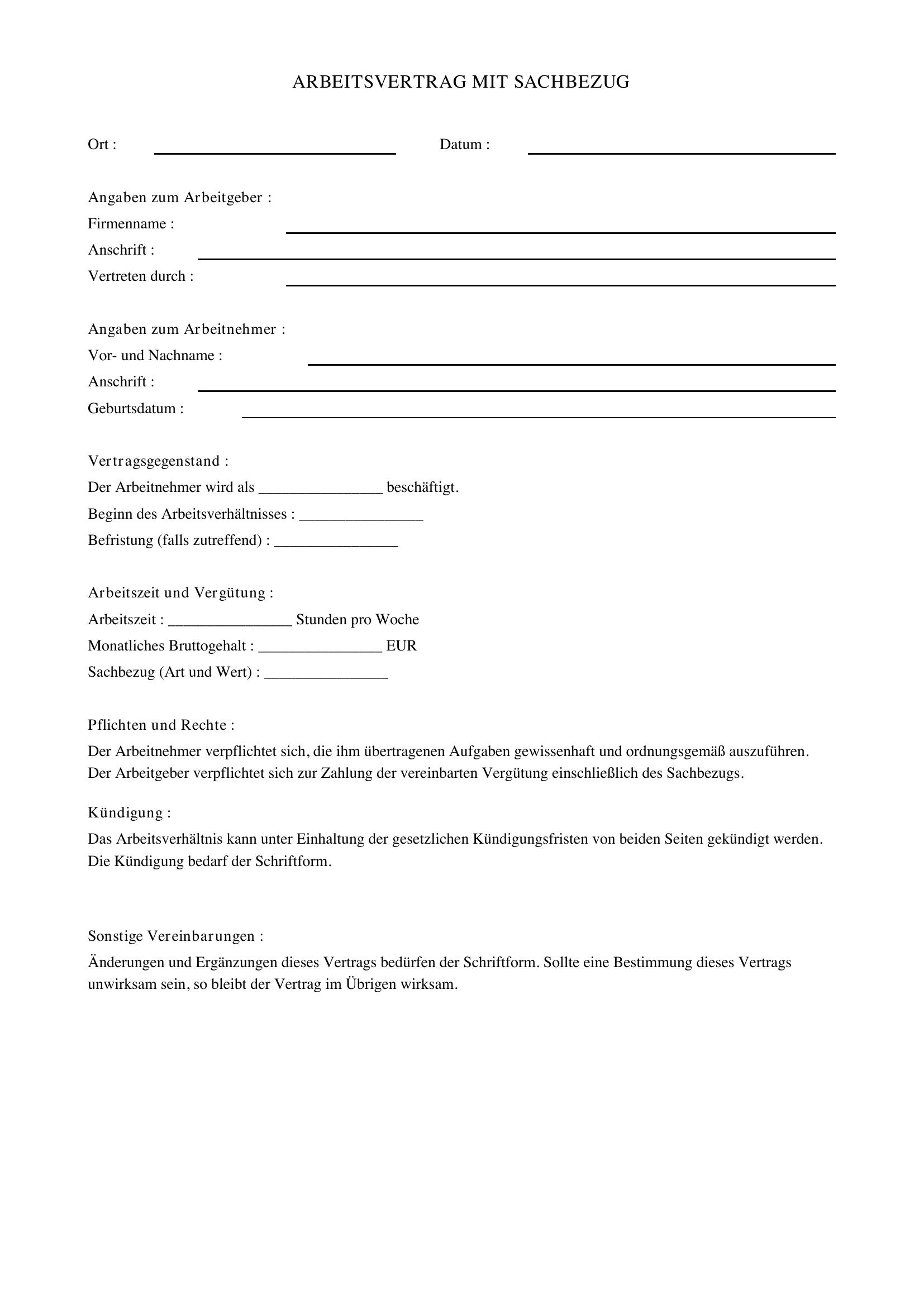 Arbeitsvertrag Sachbezug Muster
