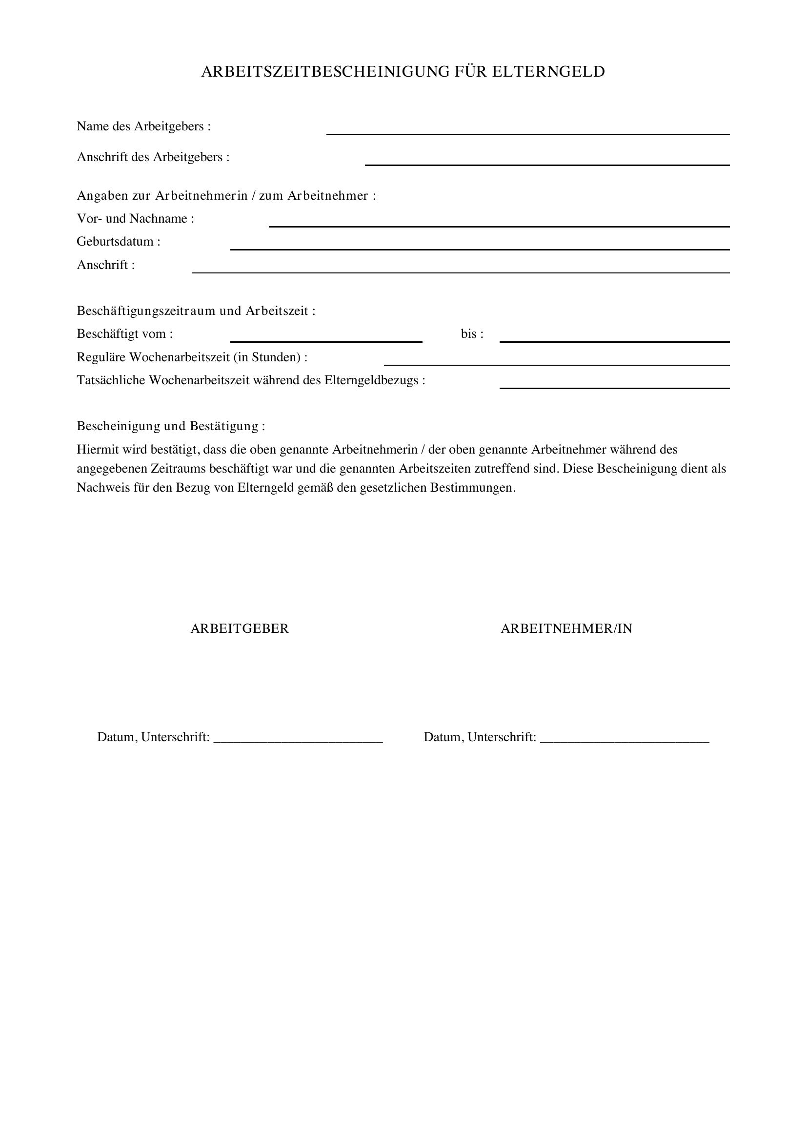 Arbeitszeitbescheinigung Elterngeld