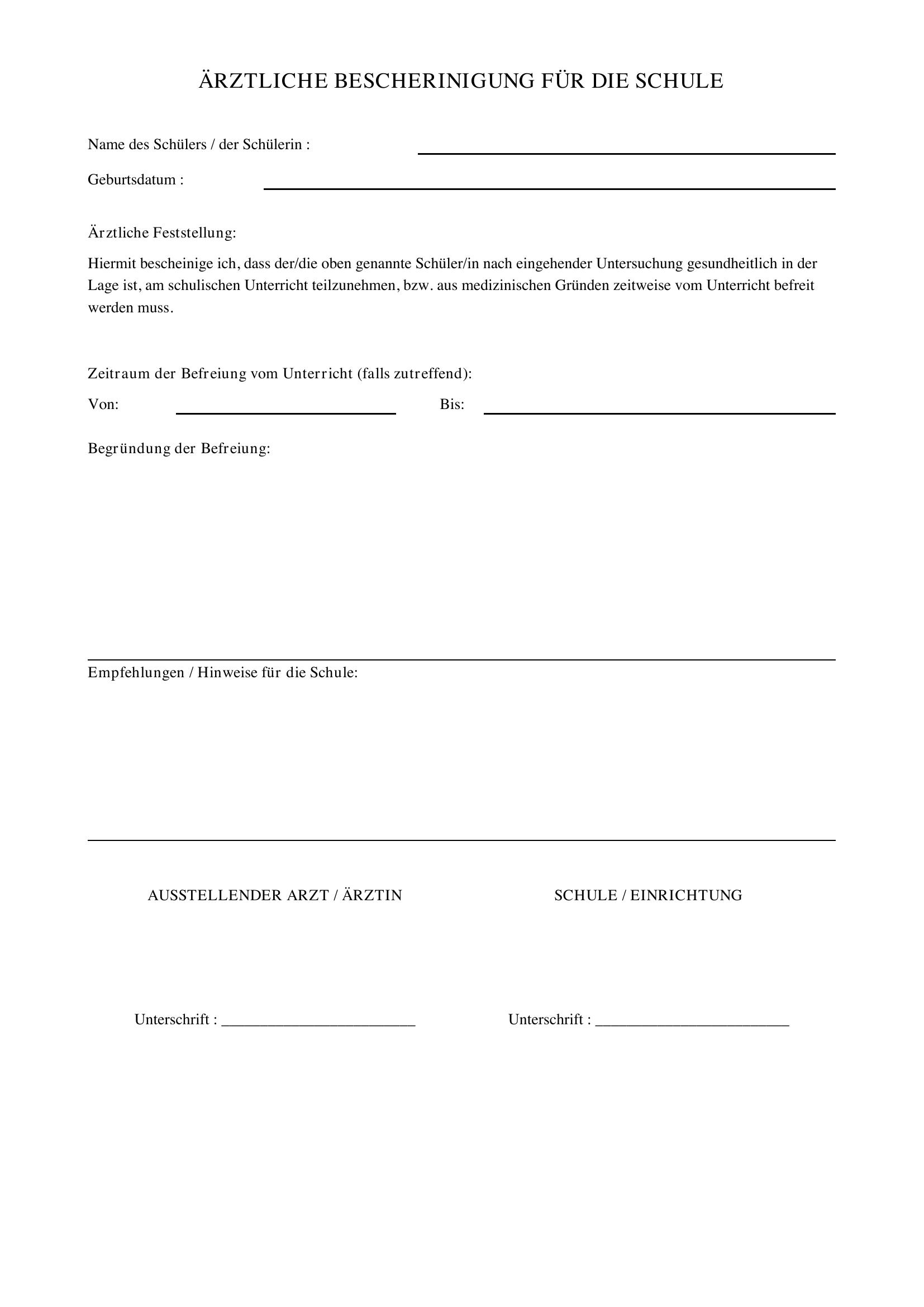 Ärztliche Bescheinigung Schule Vordruck