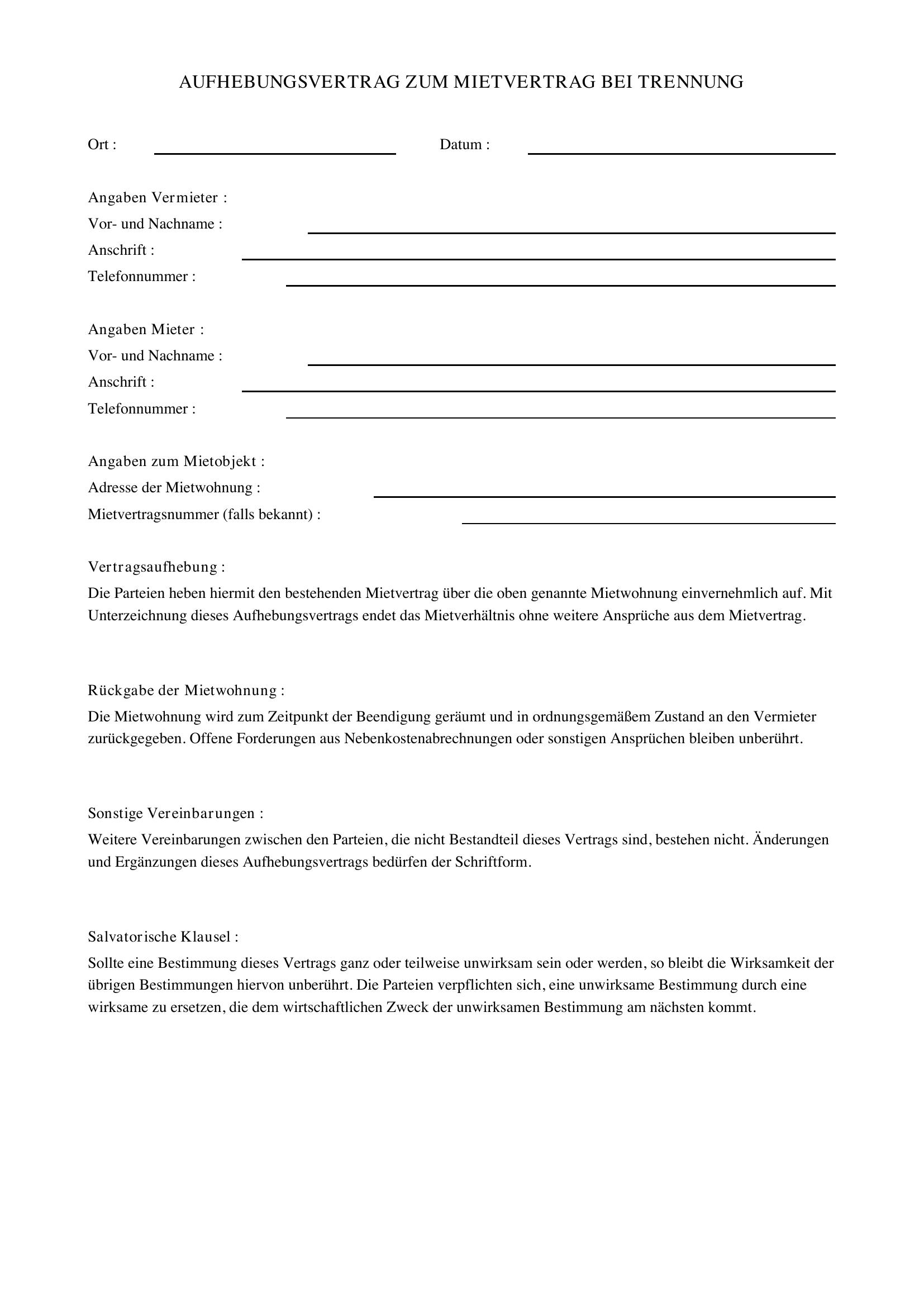 Aufhebungsvertrag Mietvertrag Bei Trennung Vorlage