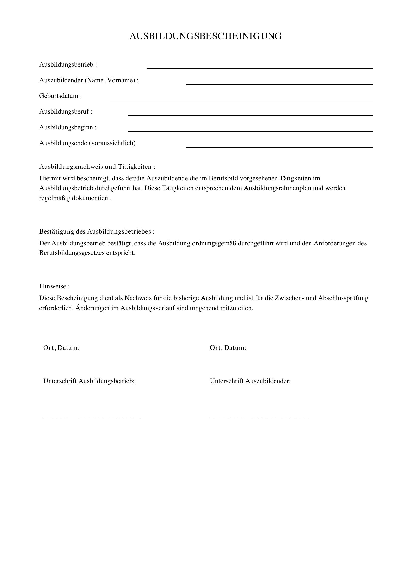 Ausbildungsbescheinigung