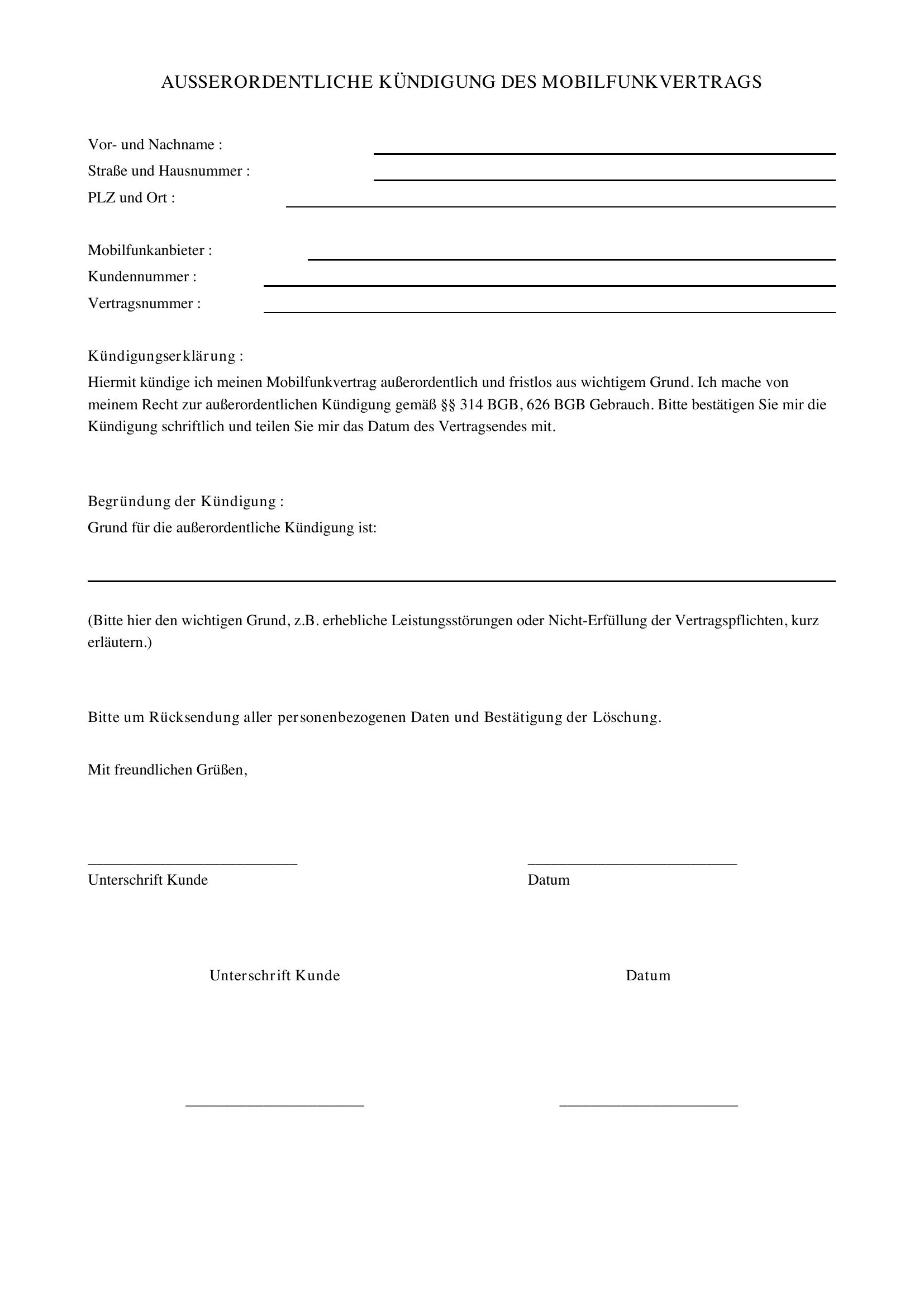 Außerordentliche Kündigung Mobilfunkvertrag Vorlage