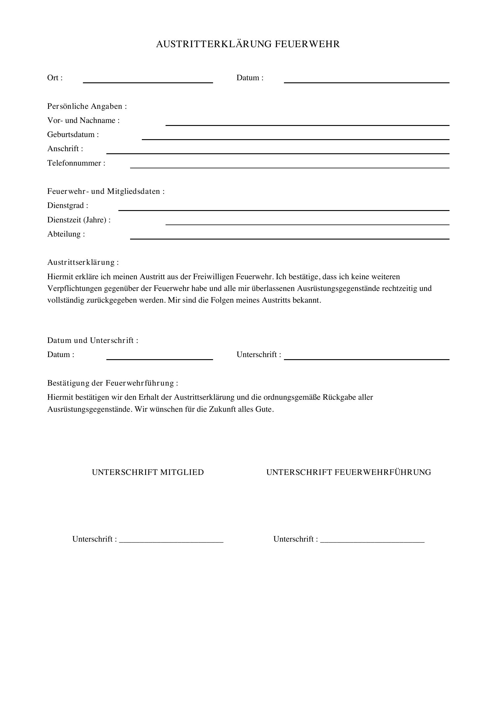 Austrittserklärung Feuerwehr