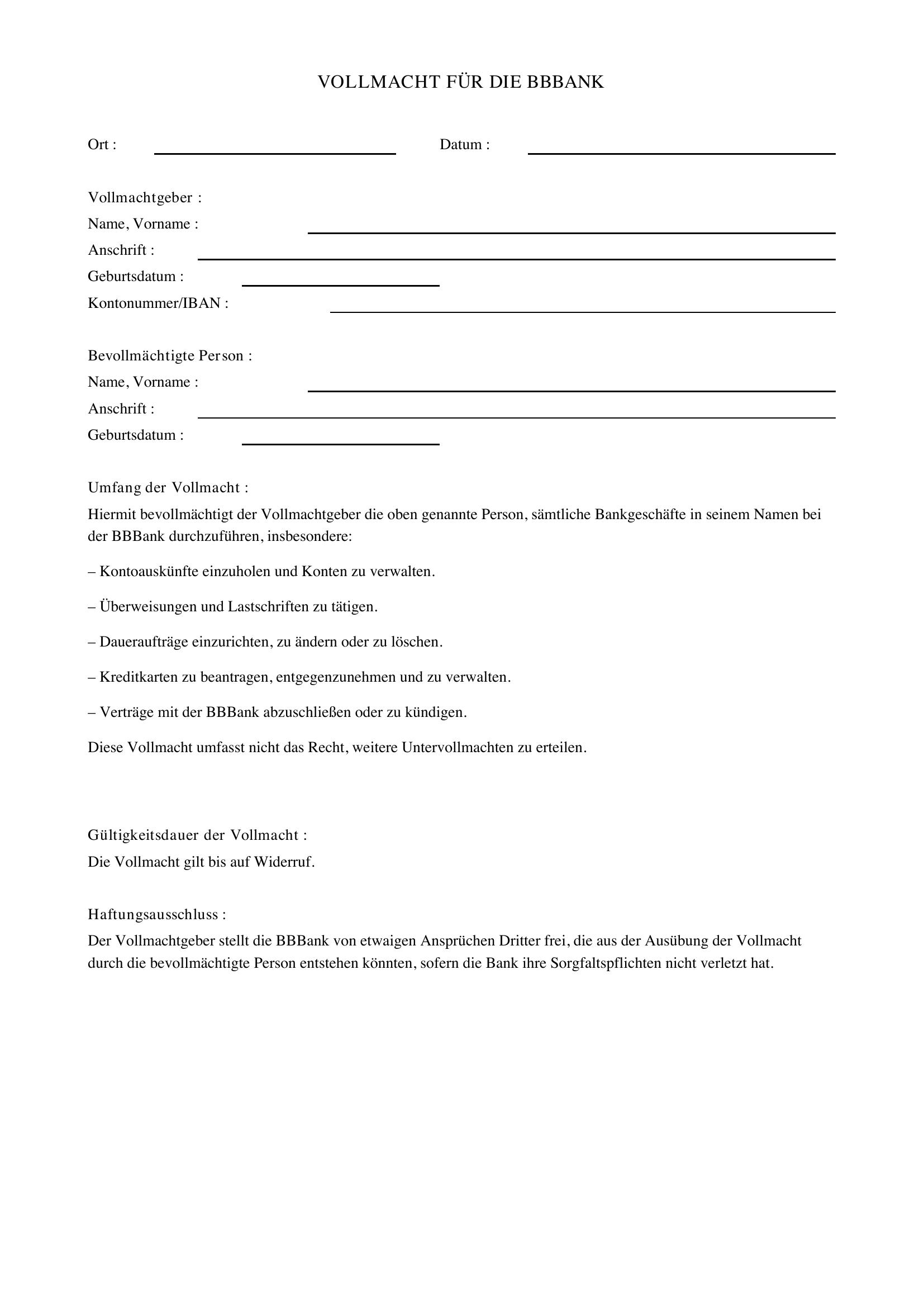 Bbbank Vollmacht Formular