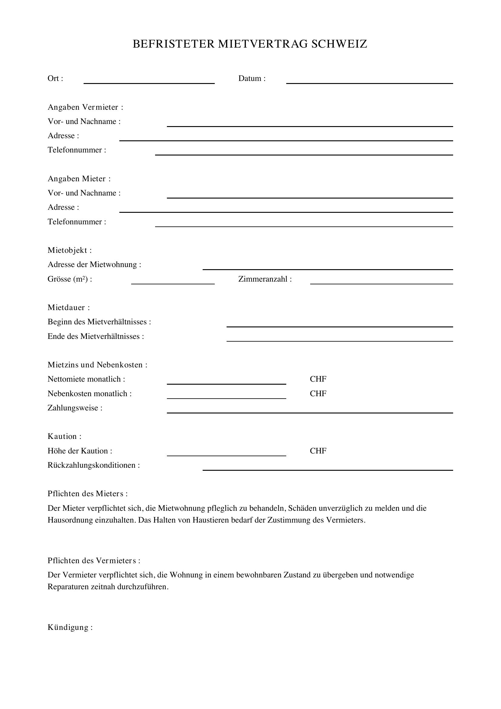 Befristeter Mietvertrag Schweiz Vorlage