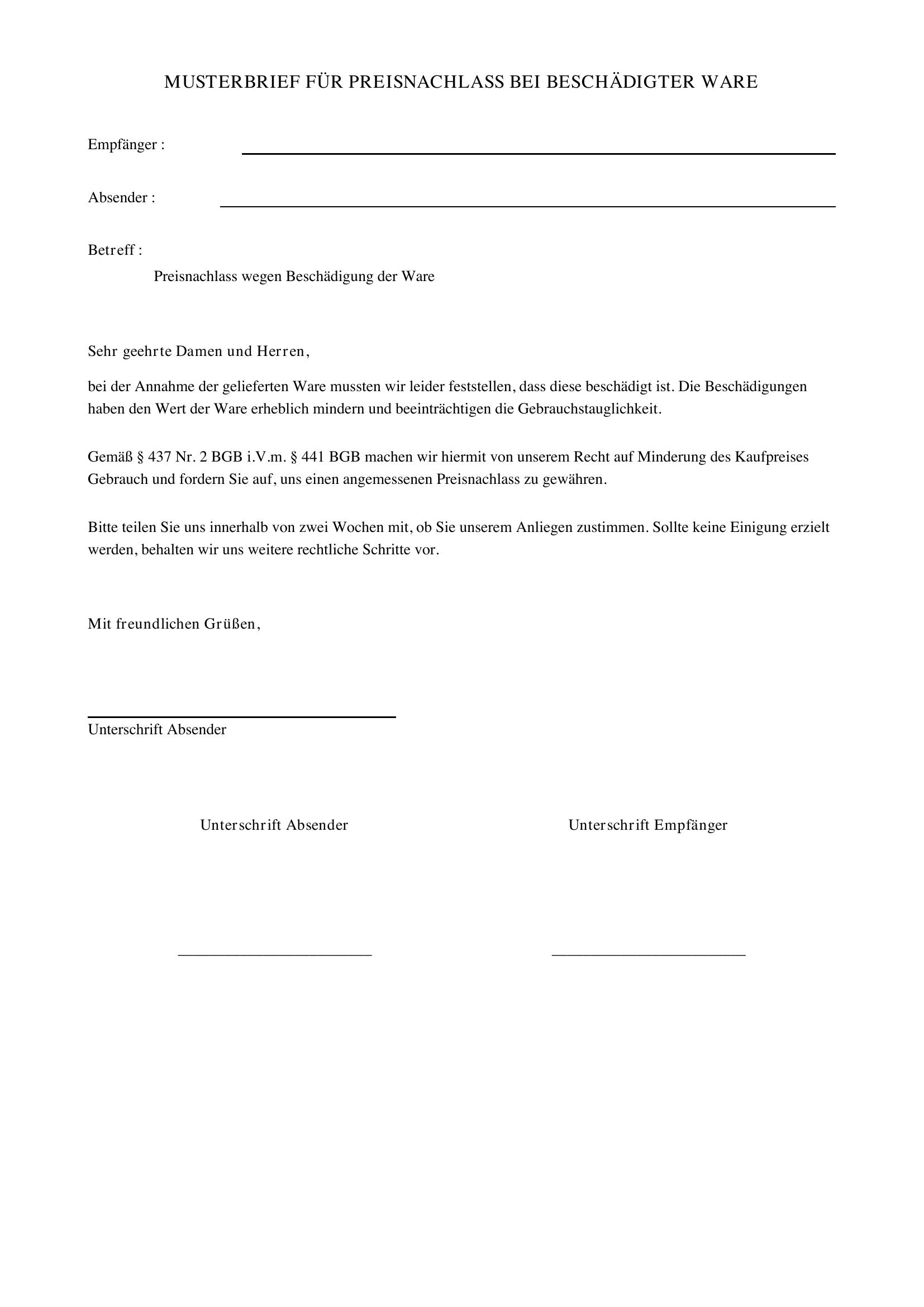 Beschädigte Ware Preisnachlass Musterbrief