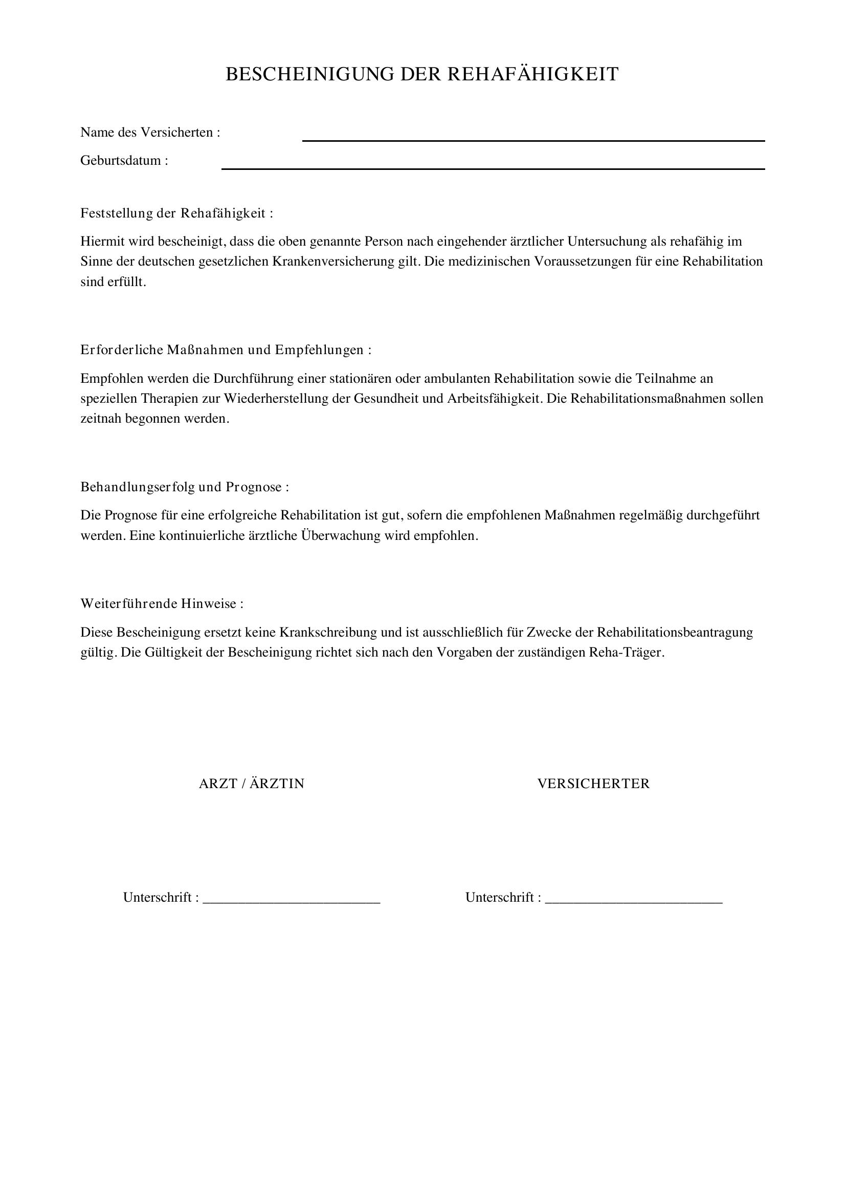 Bescheinigung Rehafähigkeit