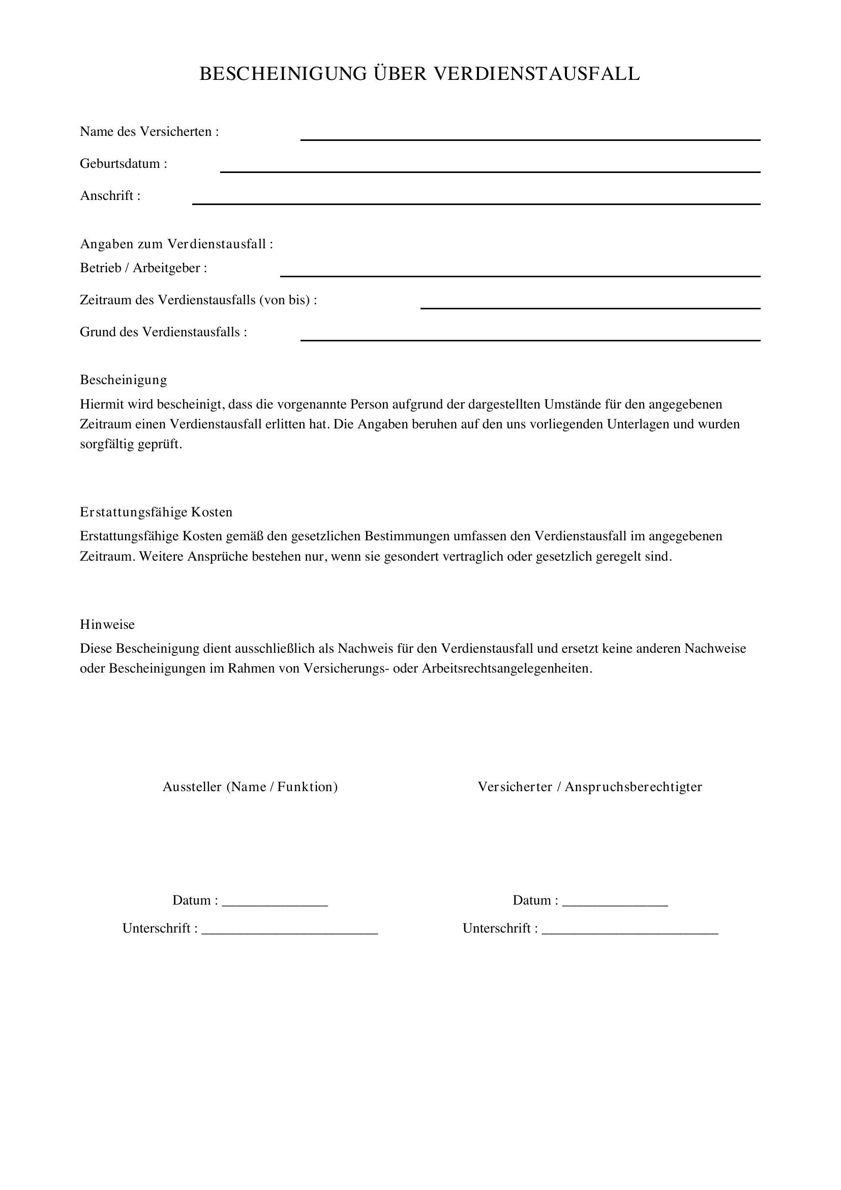 Bescheinigung Über Verdienstausfall