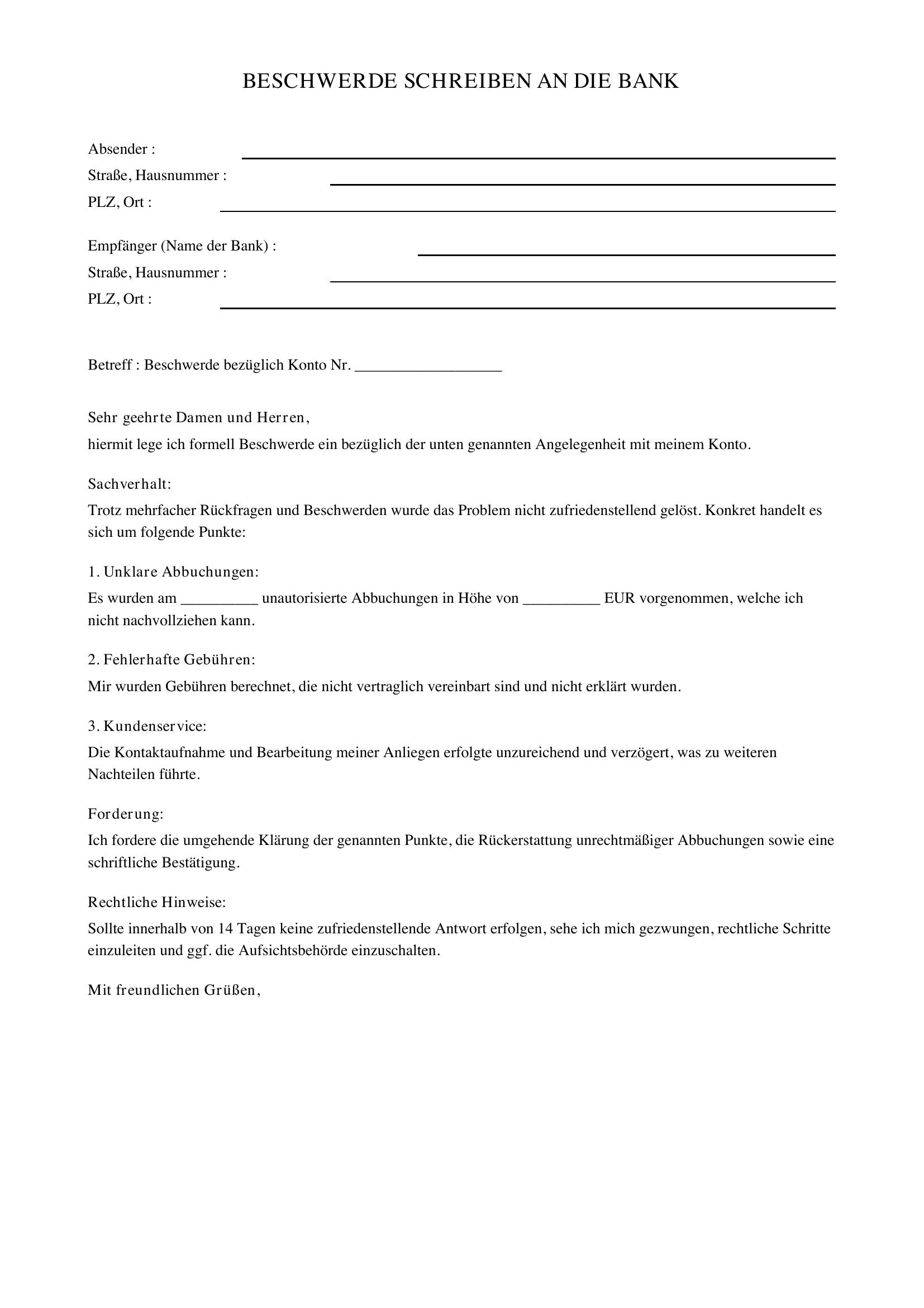 Beschwerde Bank Musterbrief