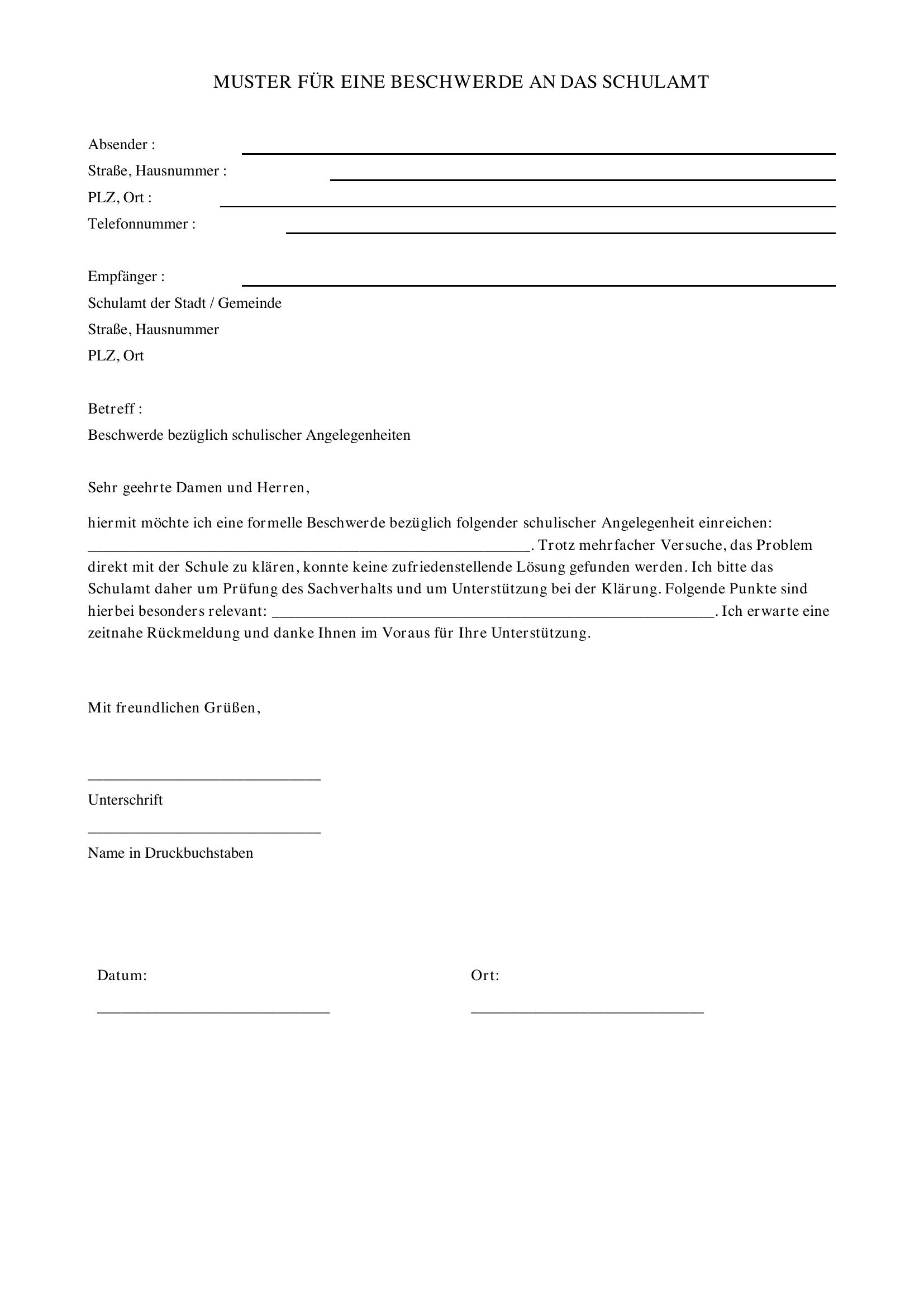 Beschwerde Schulamt Muster