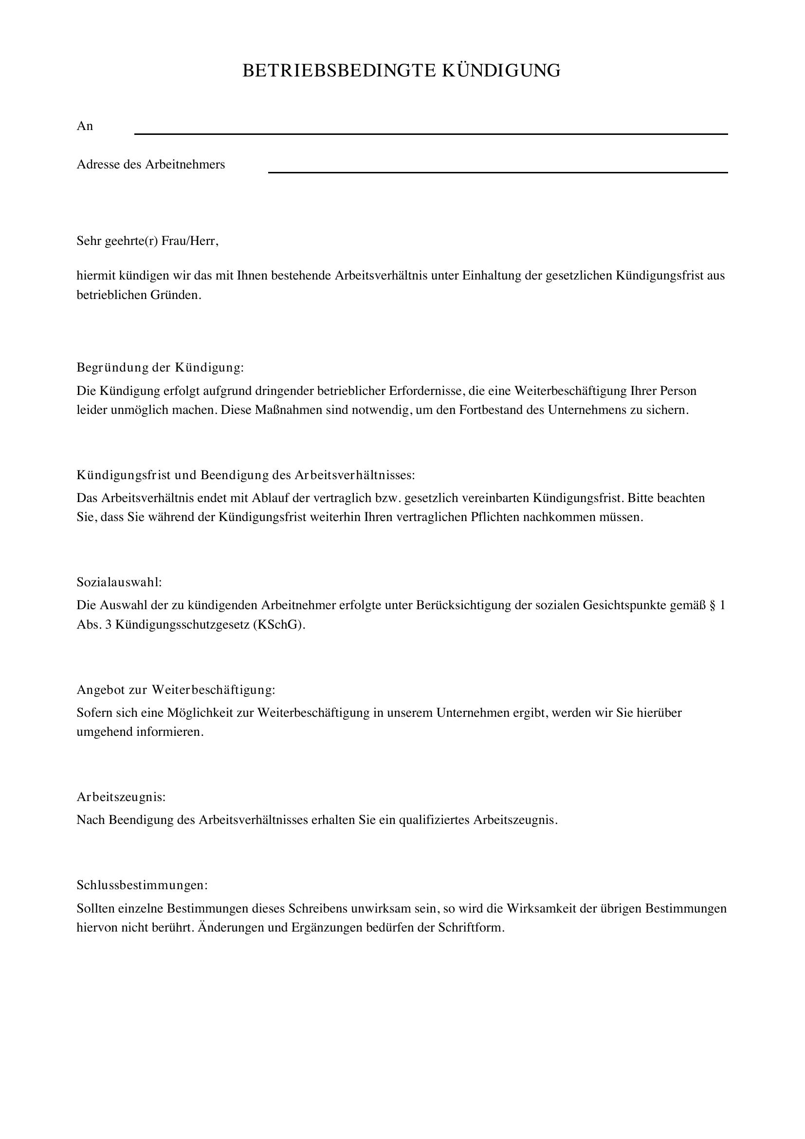 Betriebsbedingte Kündigung Vorlage