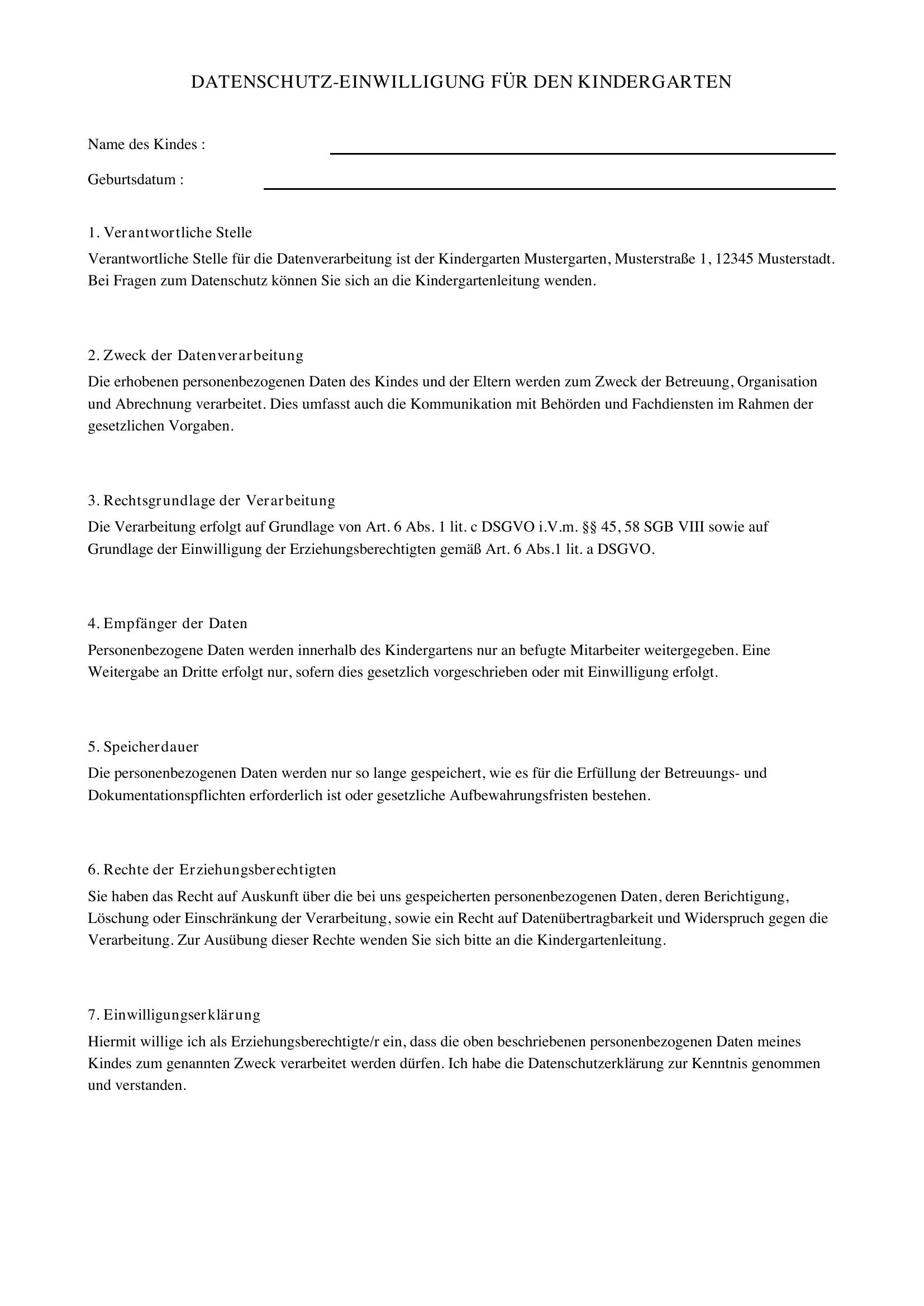 Datenschutz Kindergarten Vorlage