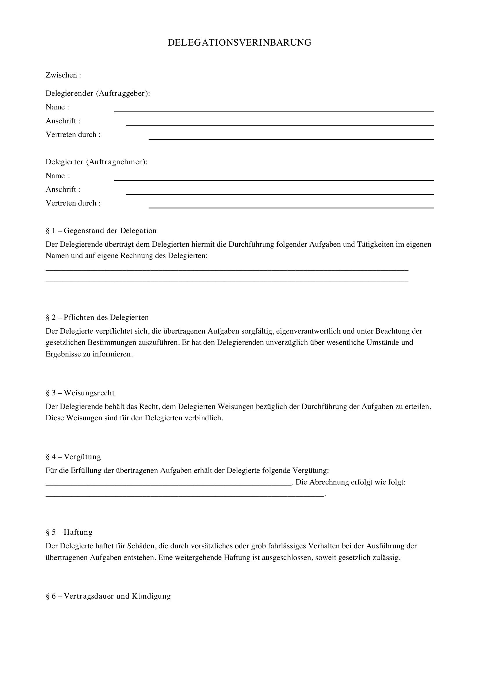 Delegationsvereinbarung Muster