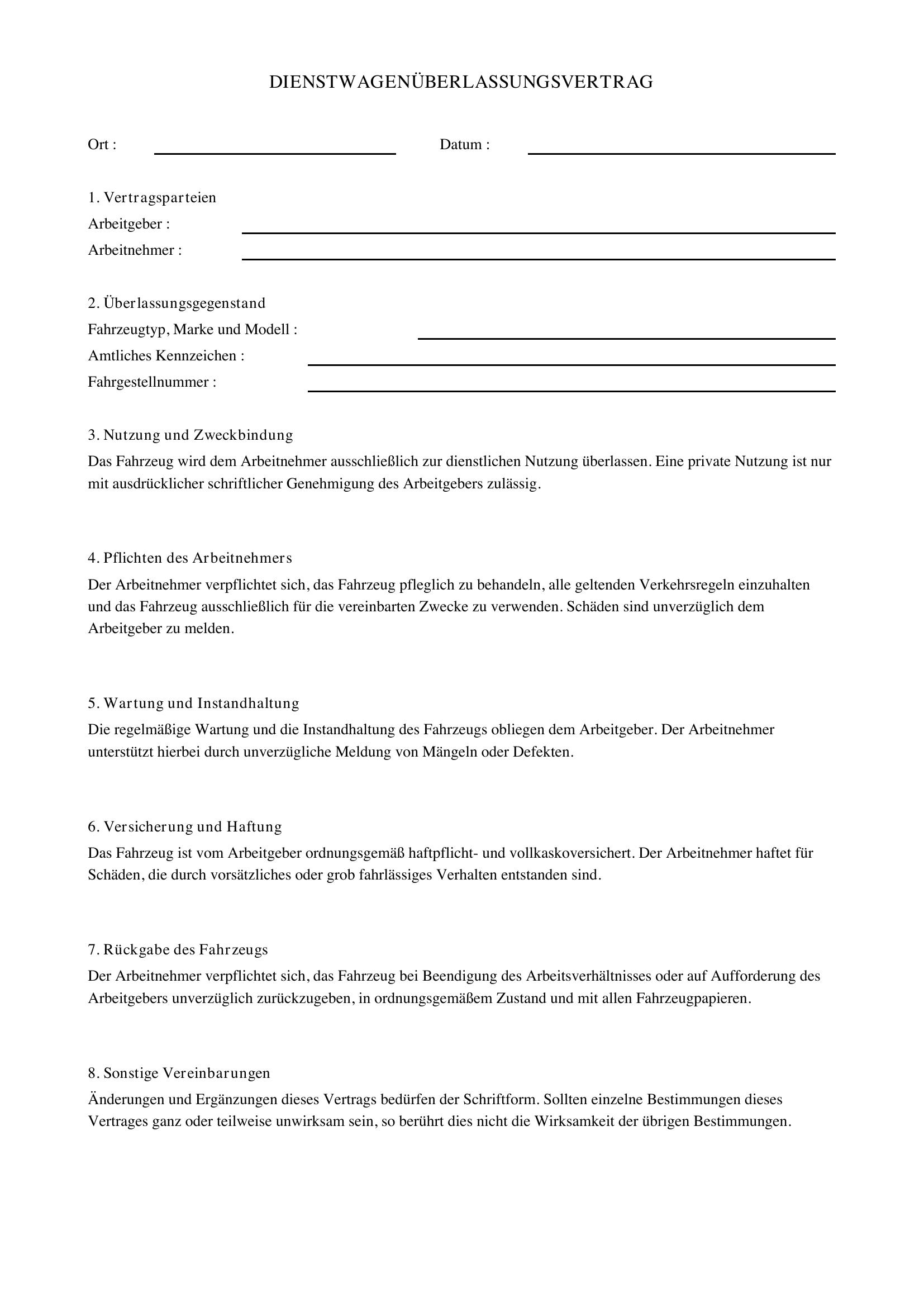 Dienstwagenüberlassungsvertrag Muster