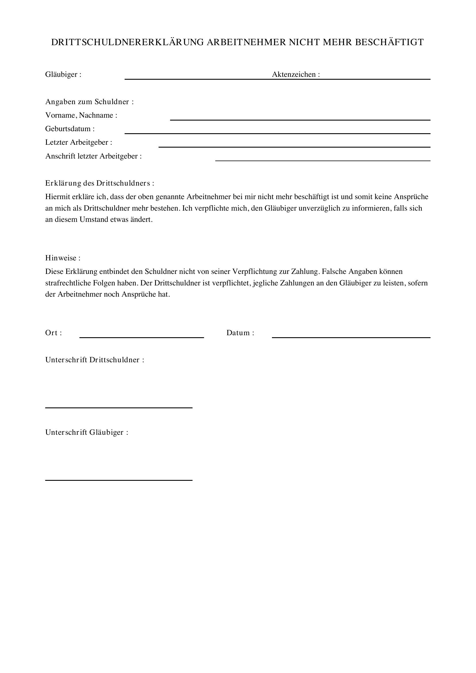 Drittschuldnererklärung Arbeitnehmer Nicht Mehr Beschäftigt Muster