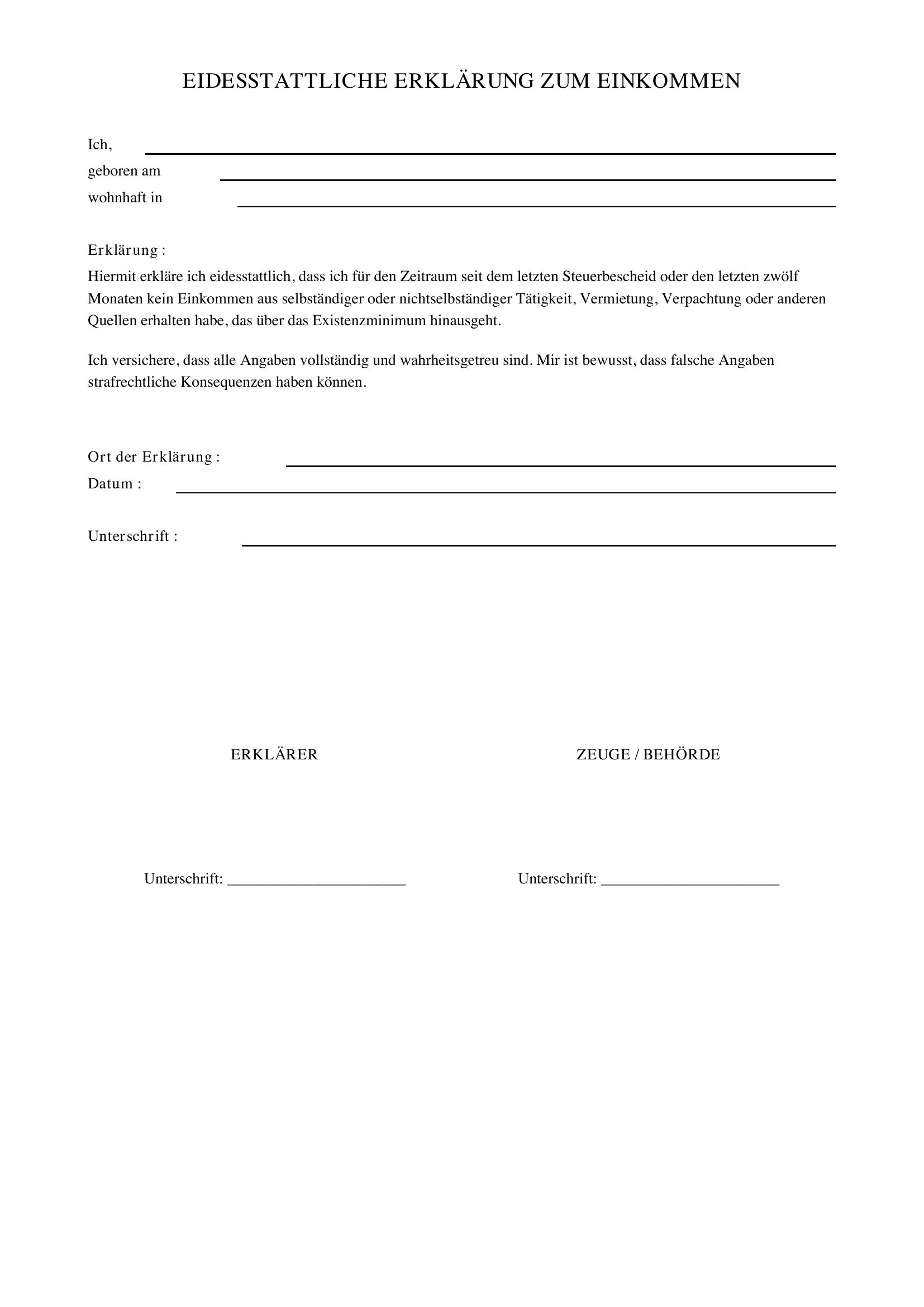 Eidesstattliche Erklärung Einkommen