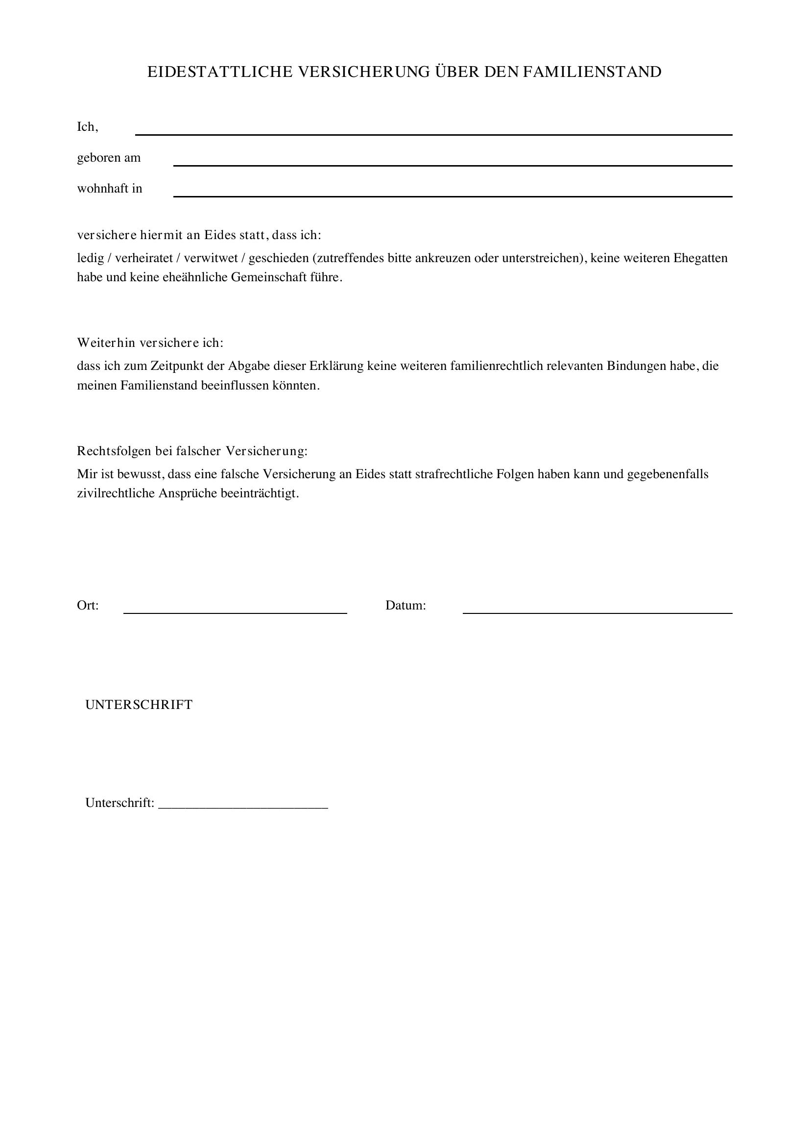 Eigene Eidesstattliche Versicherung Über Den Familienstand Muster