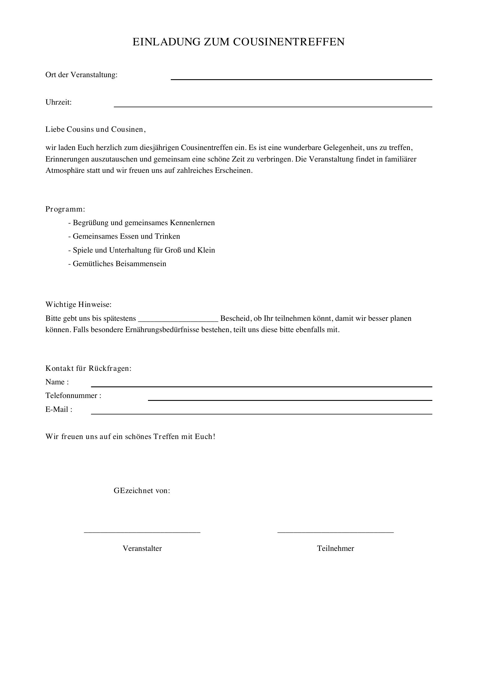 Einladung Cousinentreffen Text