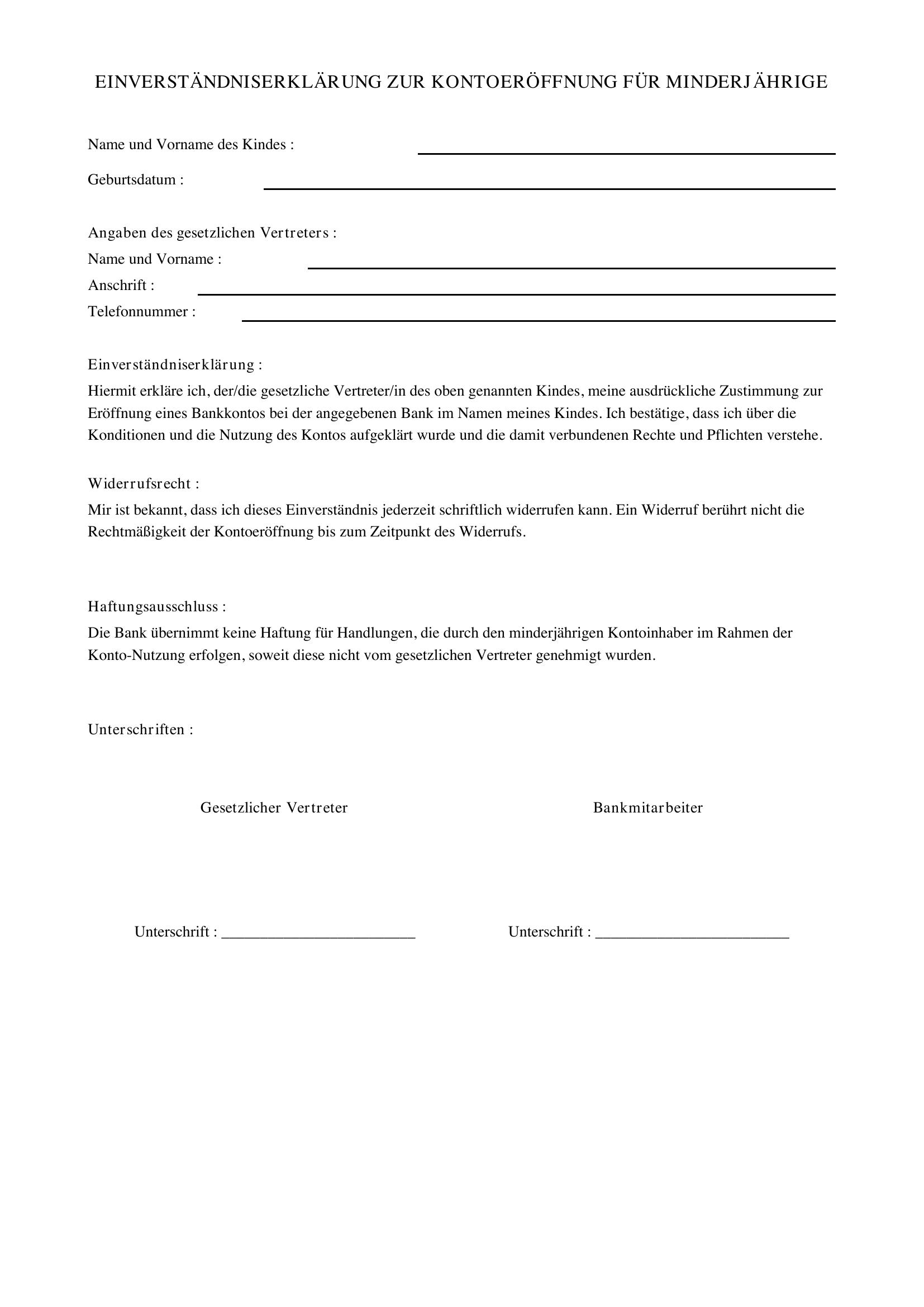 Einverständniserklärung Kontoeröffnung Kind Vorlage