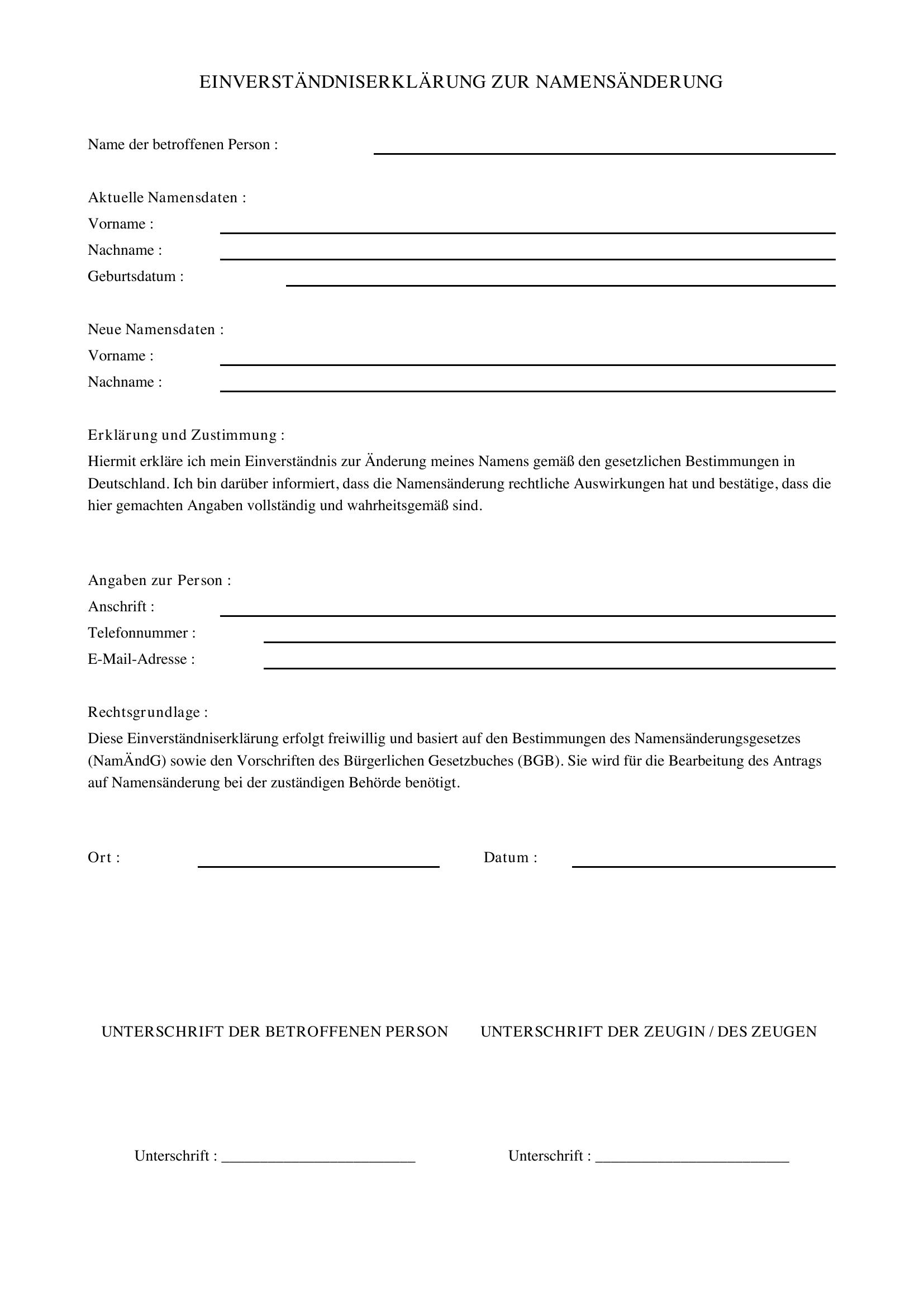 Einverständniserklärung Namensänderung Vorlage