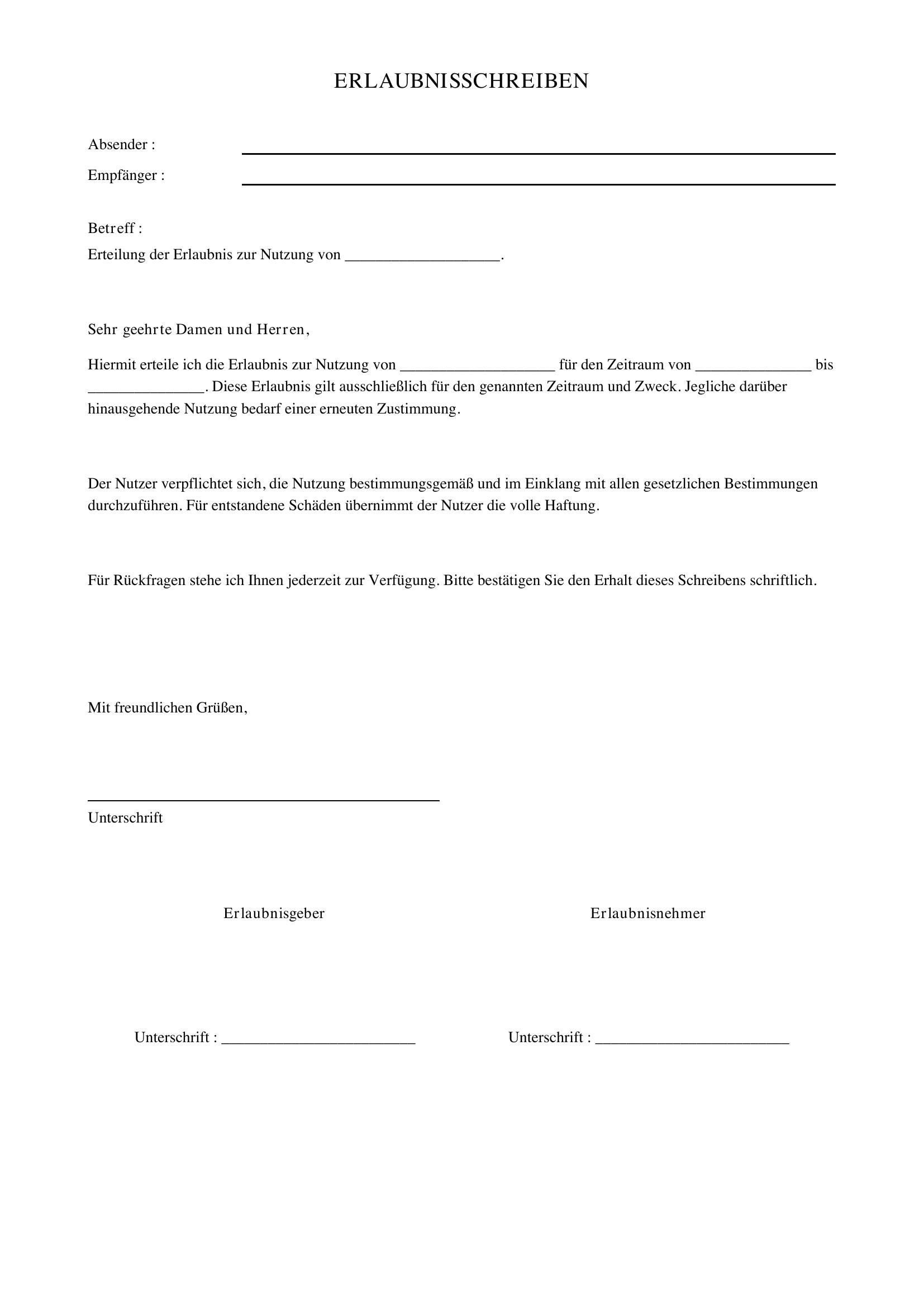 Erlaubnis Schreiben Vorlage