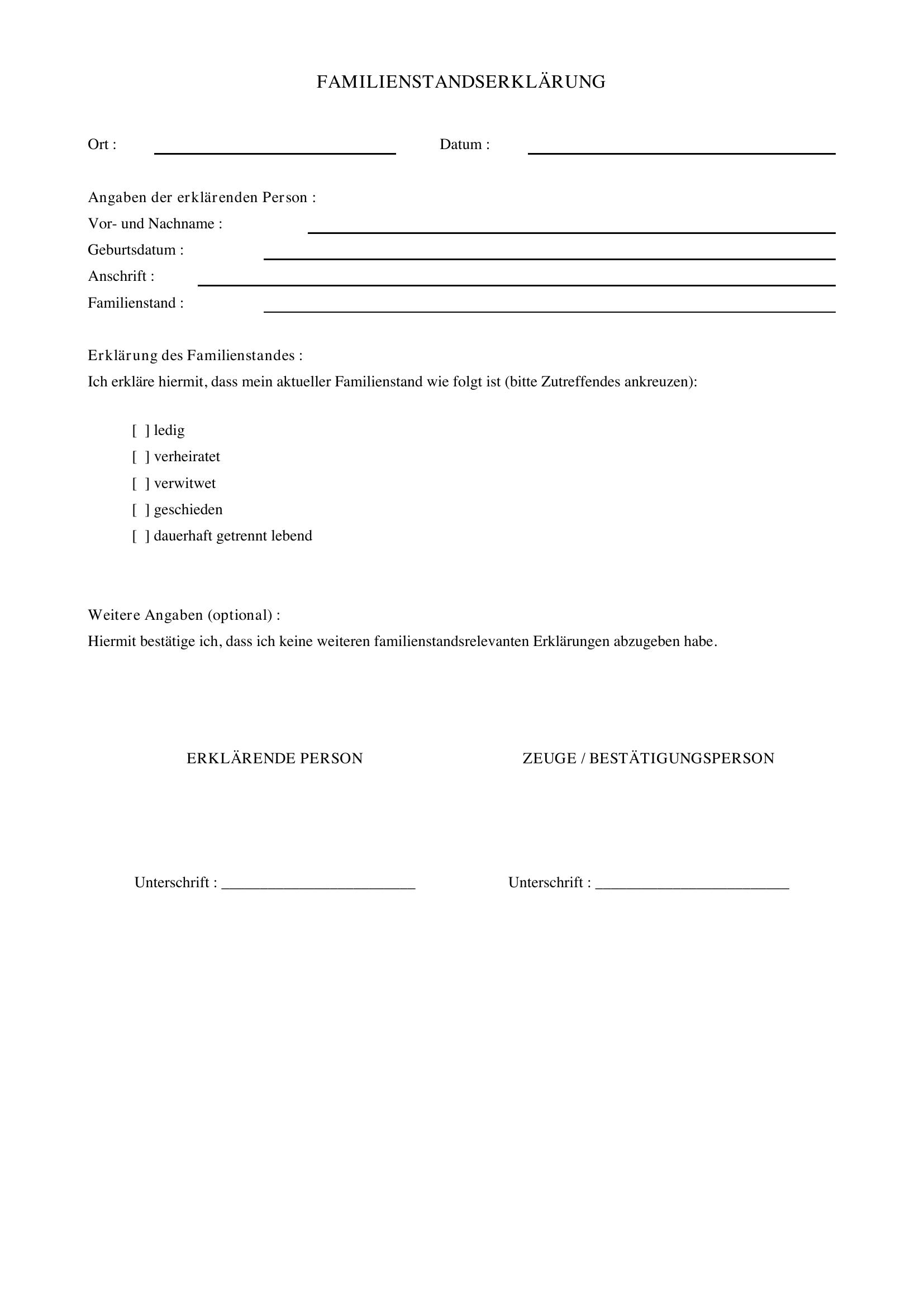 Familienstandserklärung Muster