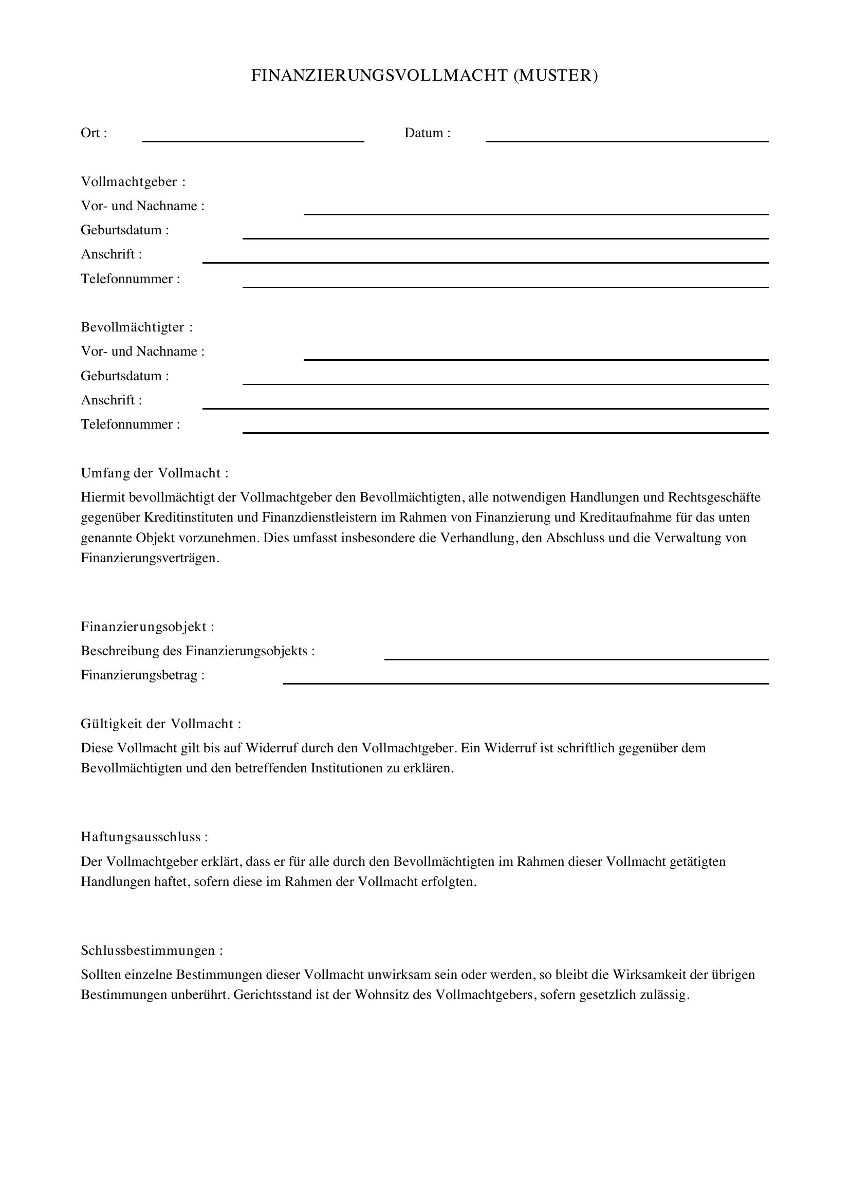 Finanzierungsvollmacht Muster