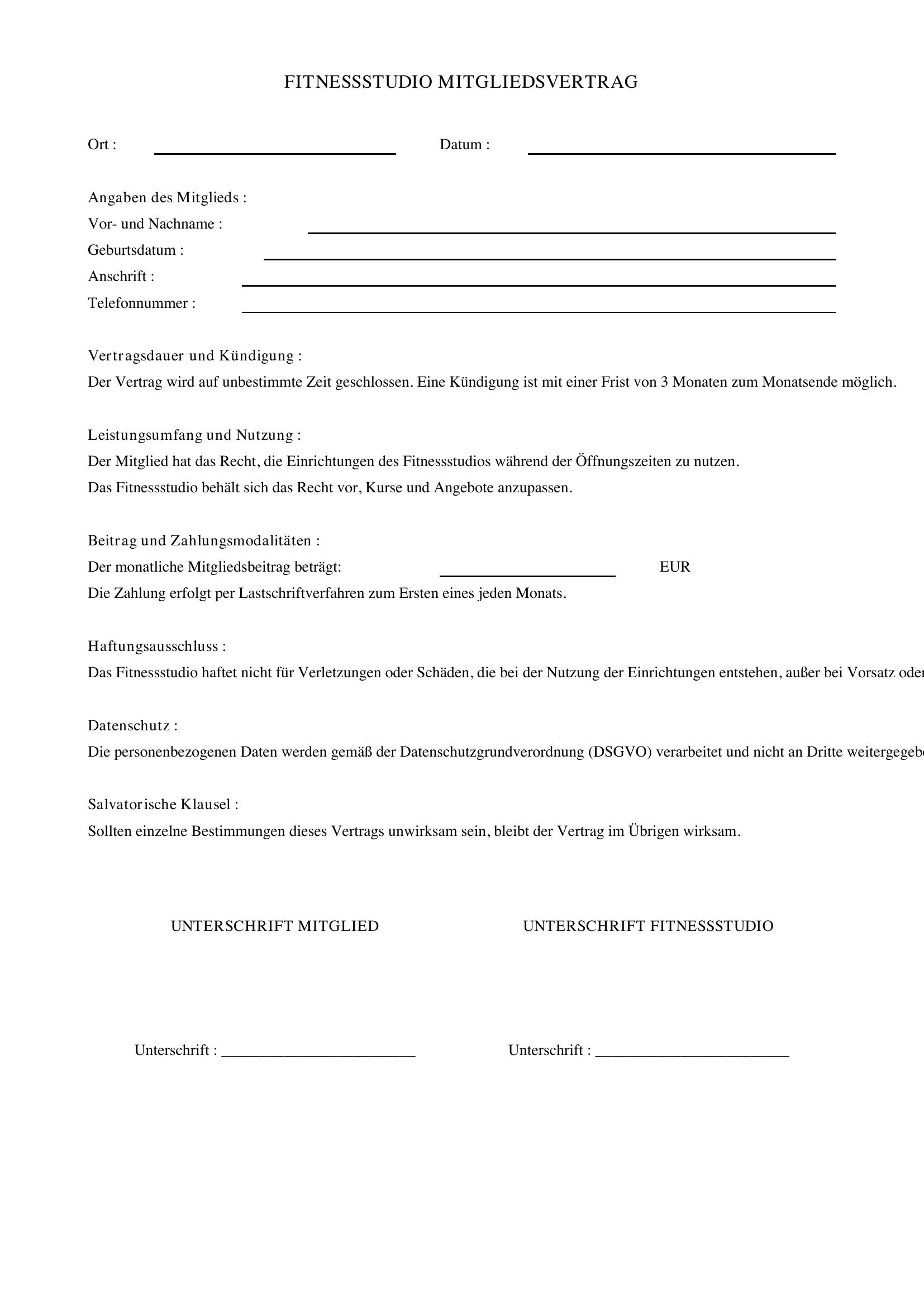 Fitnessstudio Vertrag Muster