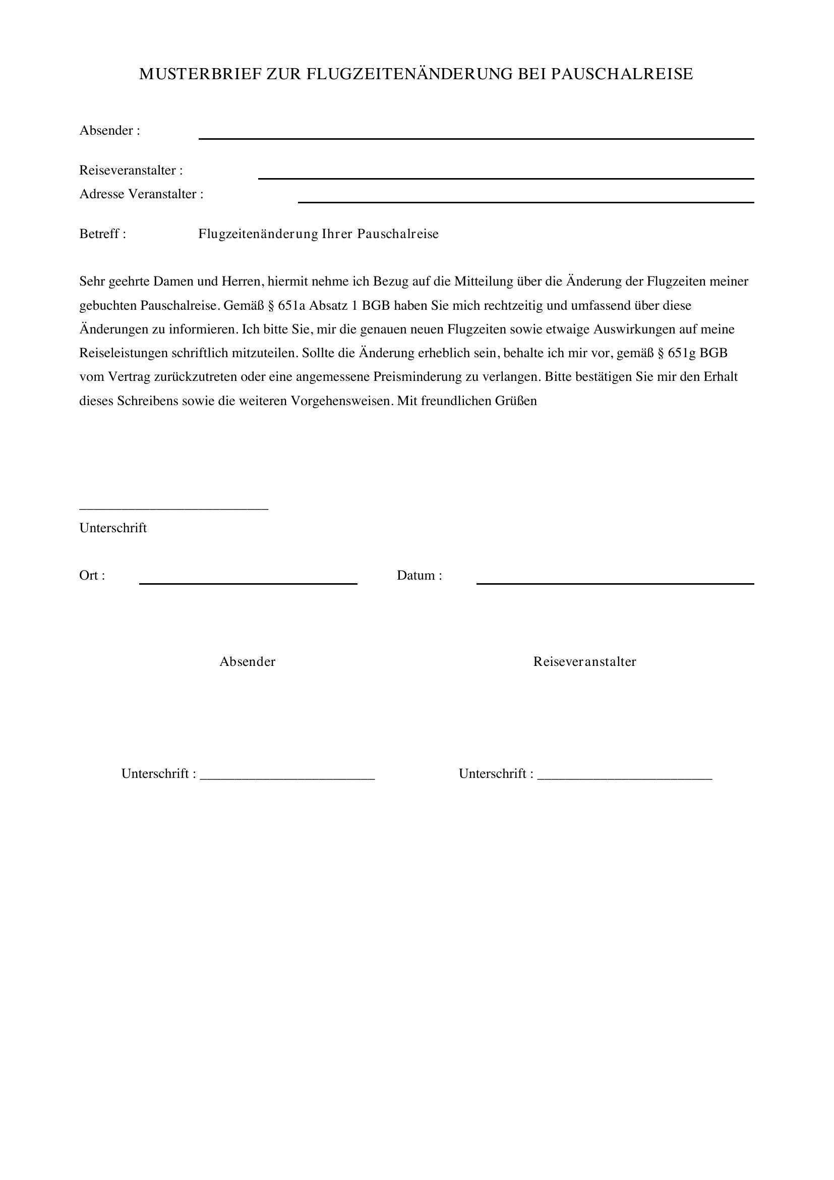 Flugzeitenänderung Pauschalreise Musterbrief