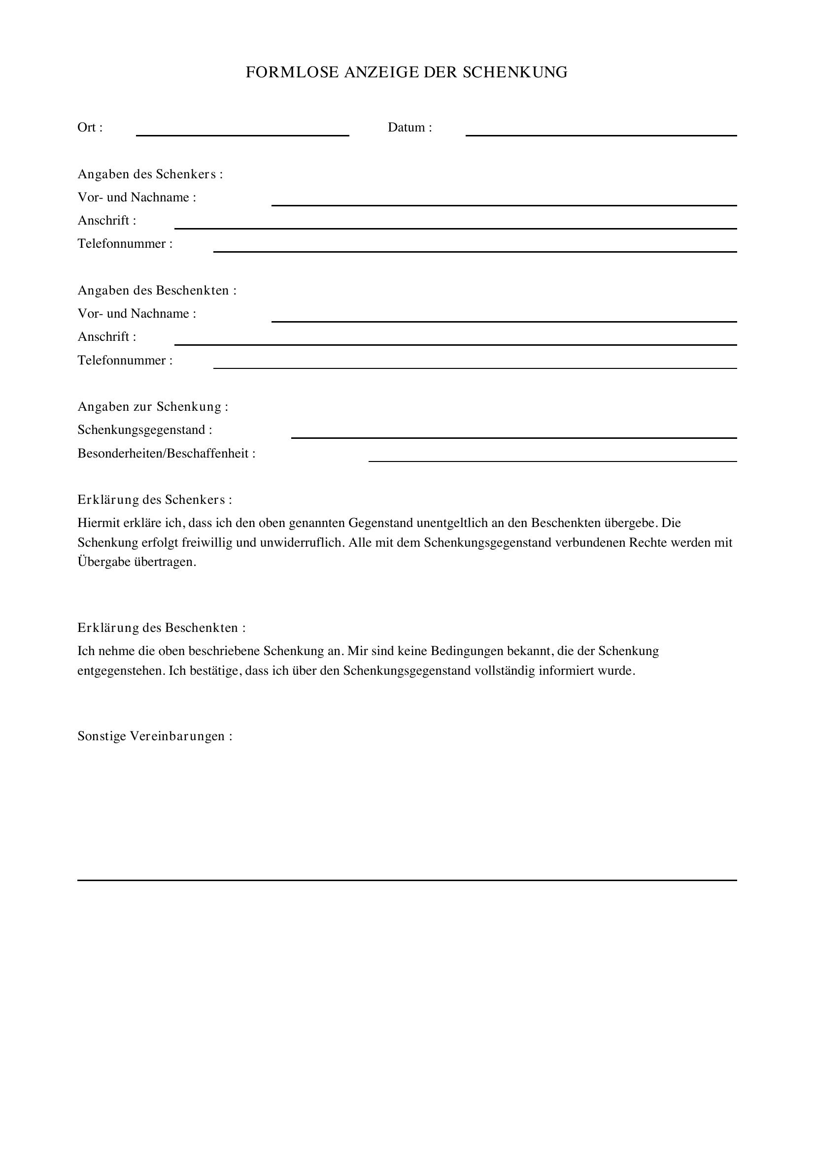 Formlose Anzeige Schenkung Muster