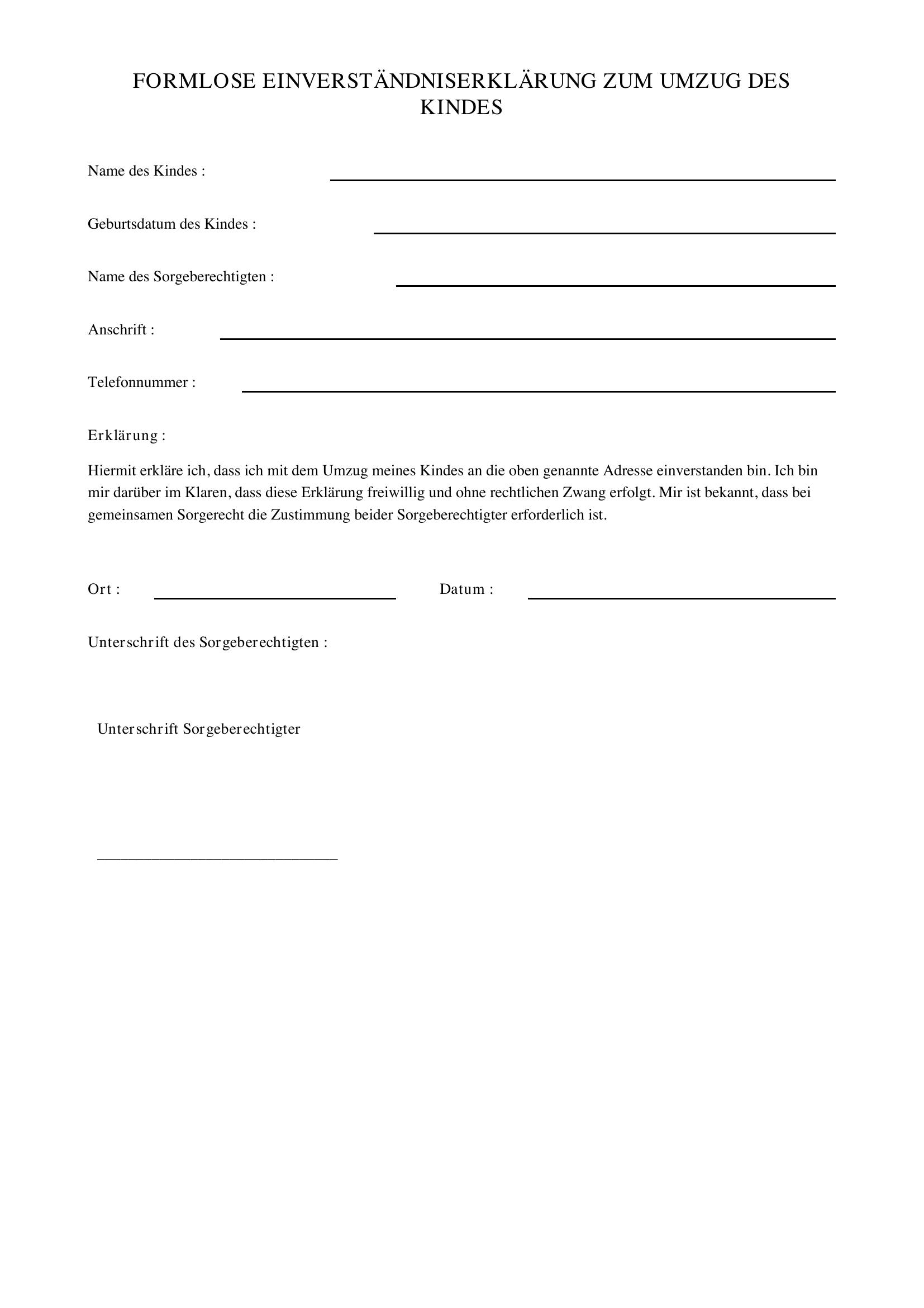 Formlose Einverständniserklärung Umzug Kind