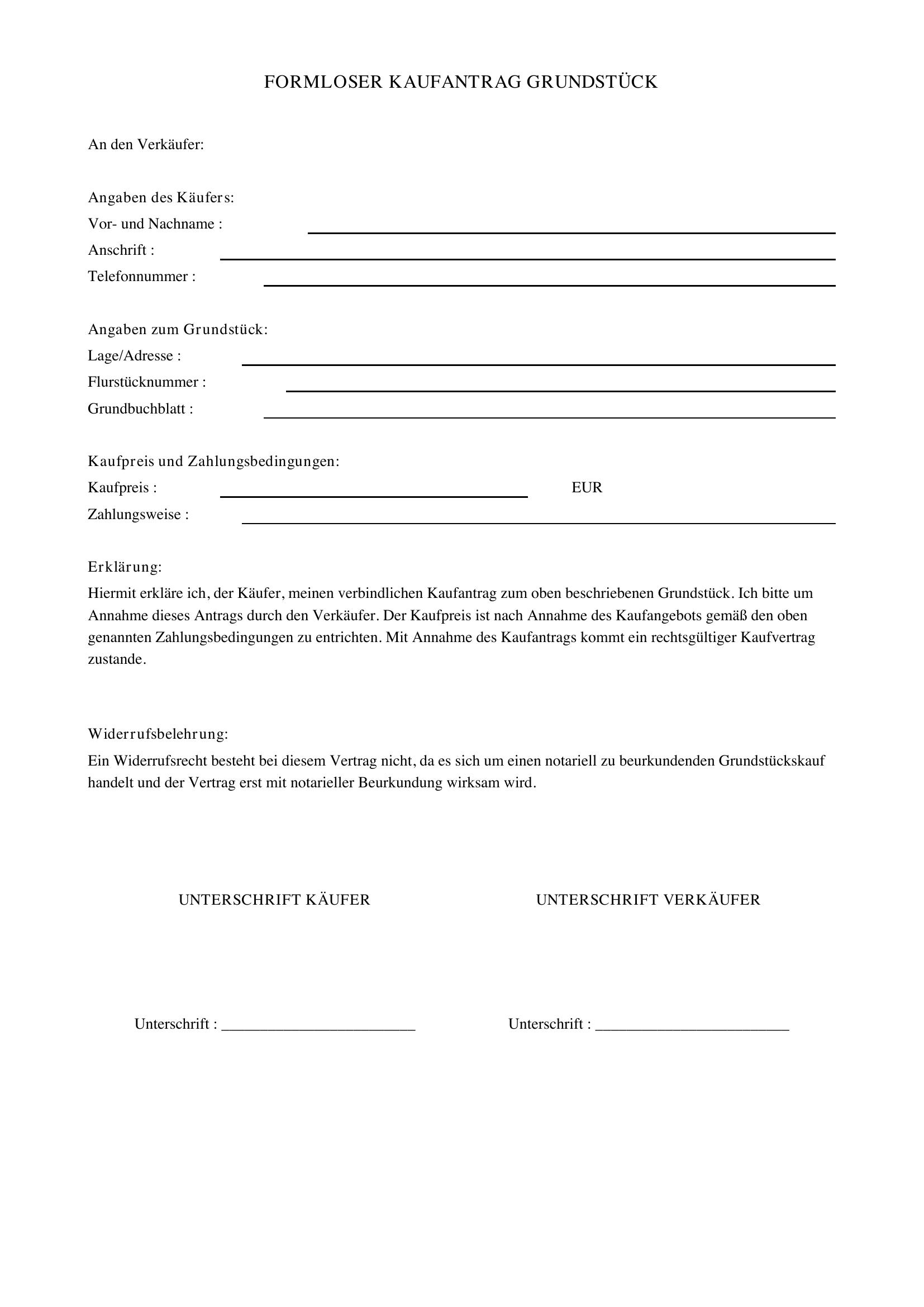 Formloser Kaufantrag Grundstück Muster