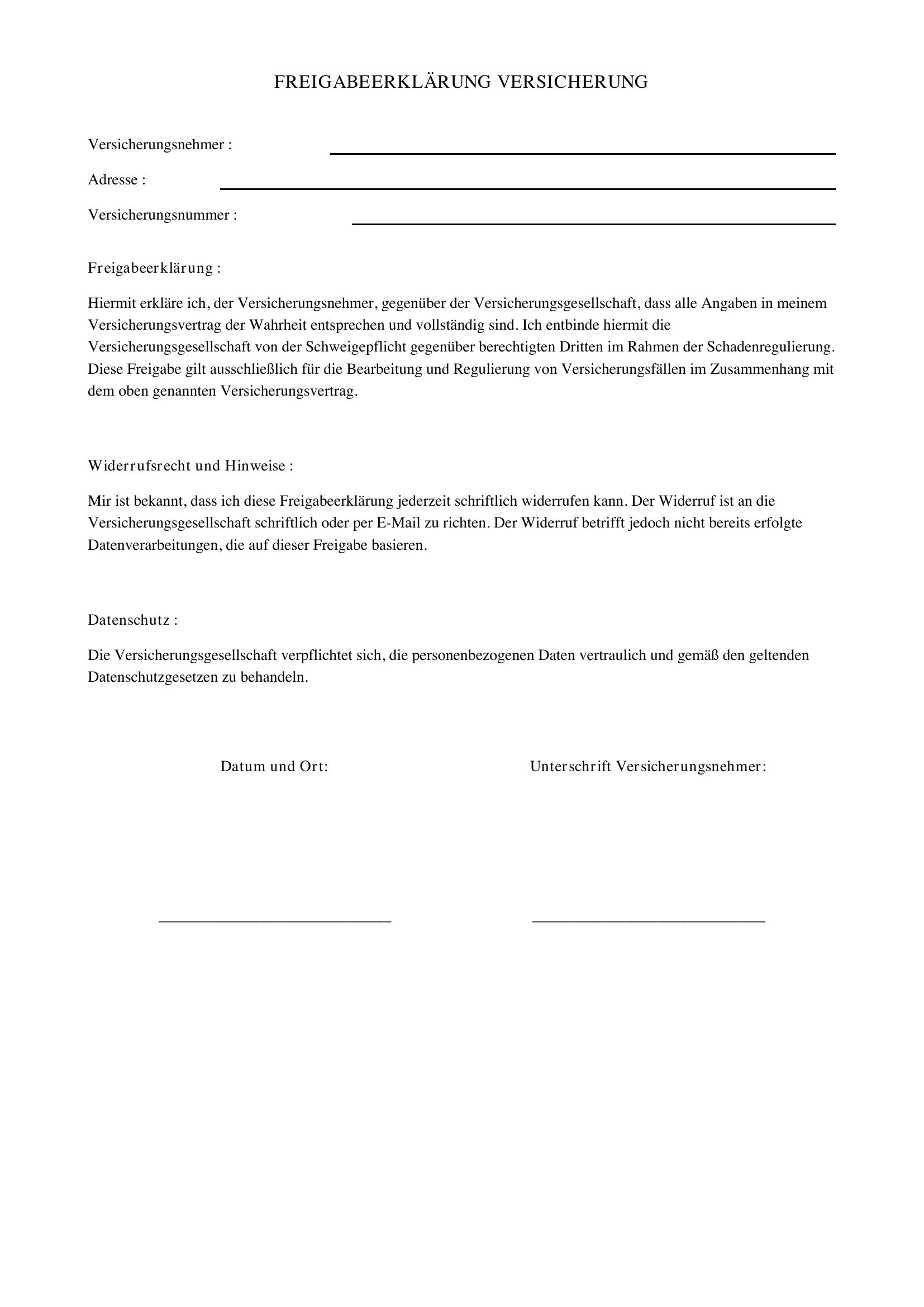 Freigabeerklärung Versicherung Muster