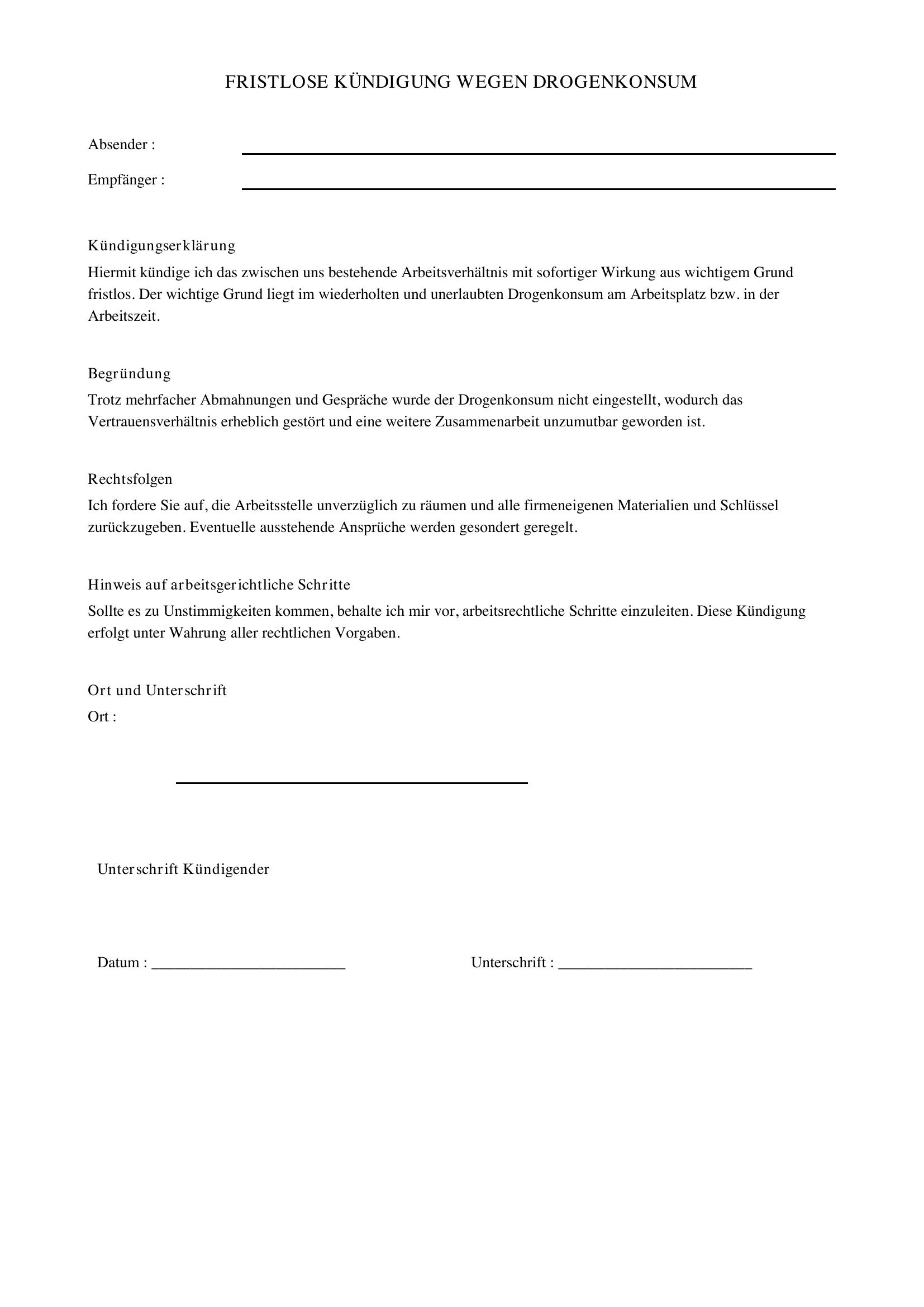 Fristlose Kündigung Wegen Drogenkonsum Muster