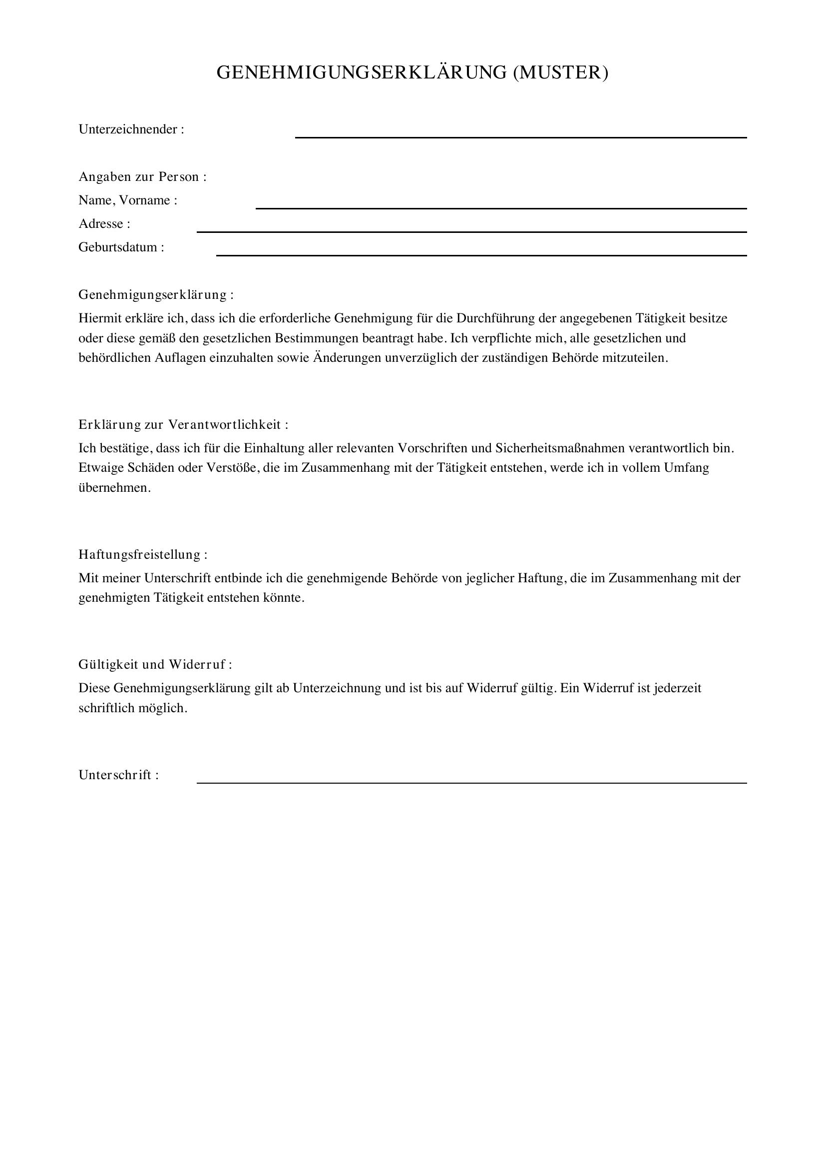 Genehmigungserklärung Muster