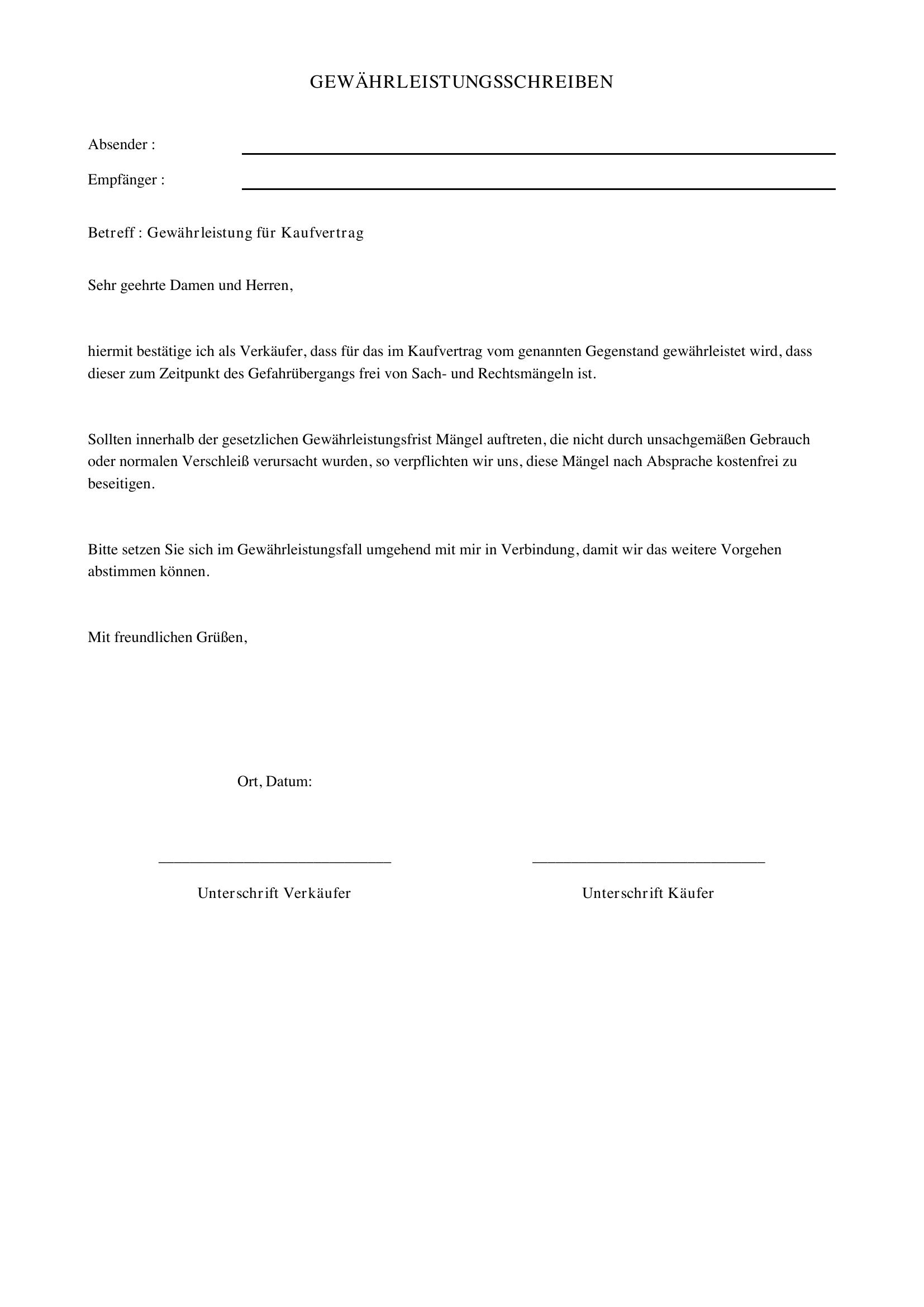 Gewährleistung Schreiben Vorlage