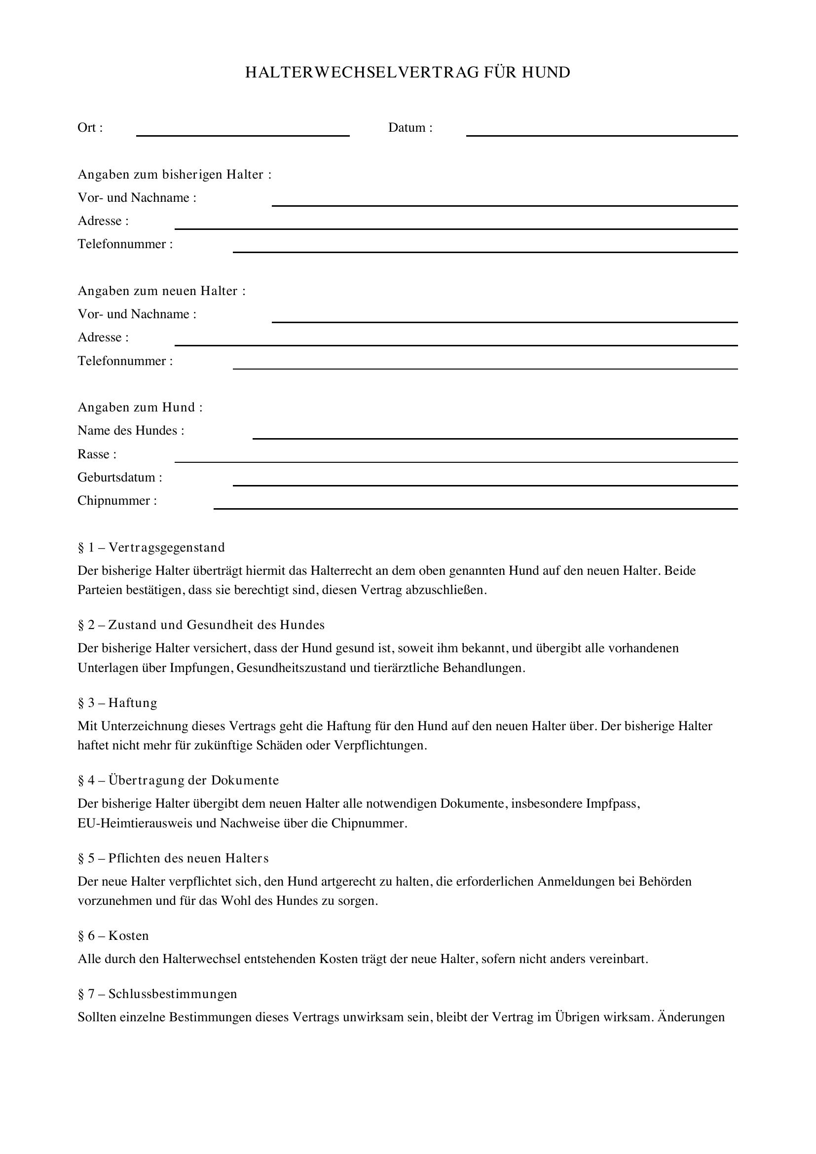 Halterwechsel Hund Vertrag