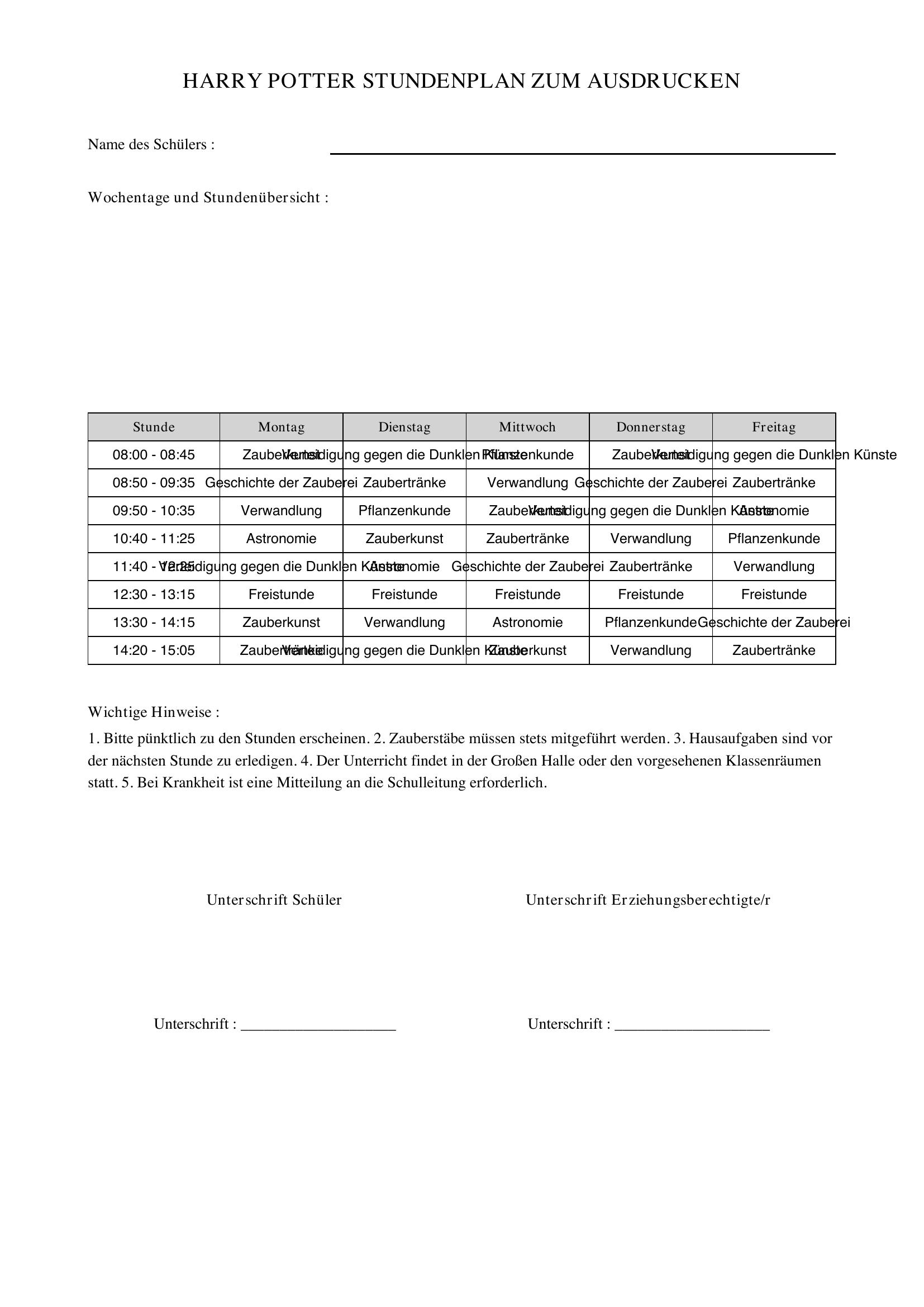 Harry Potter Stundenplan Zum Ausdrucken