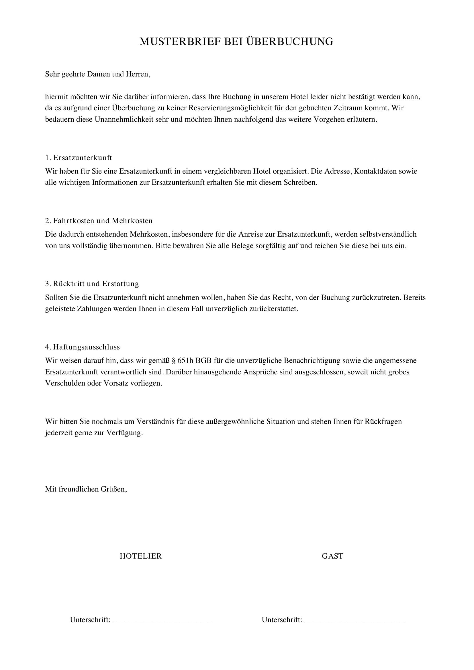 Hotel Überbucht Musterbrief