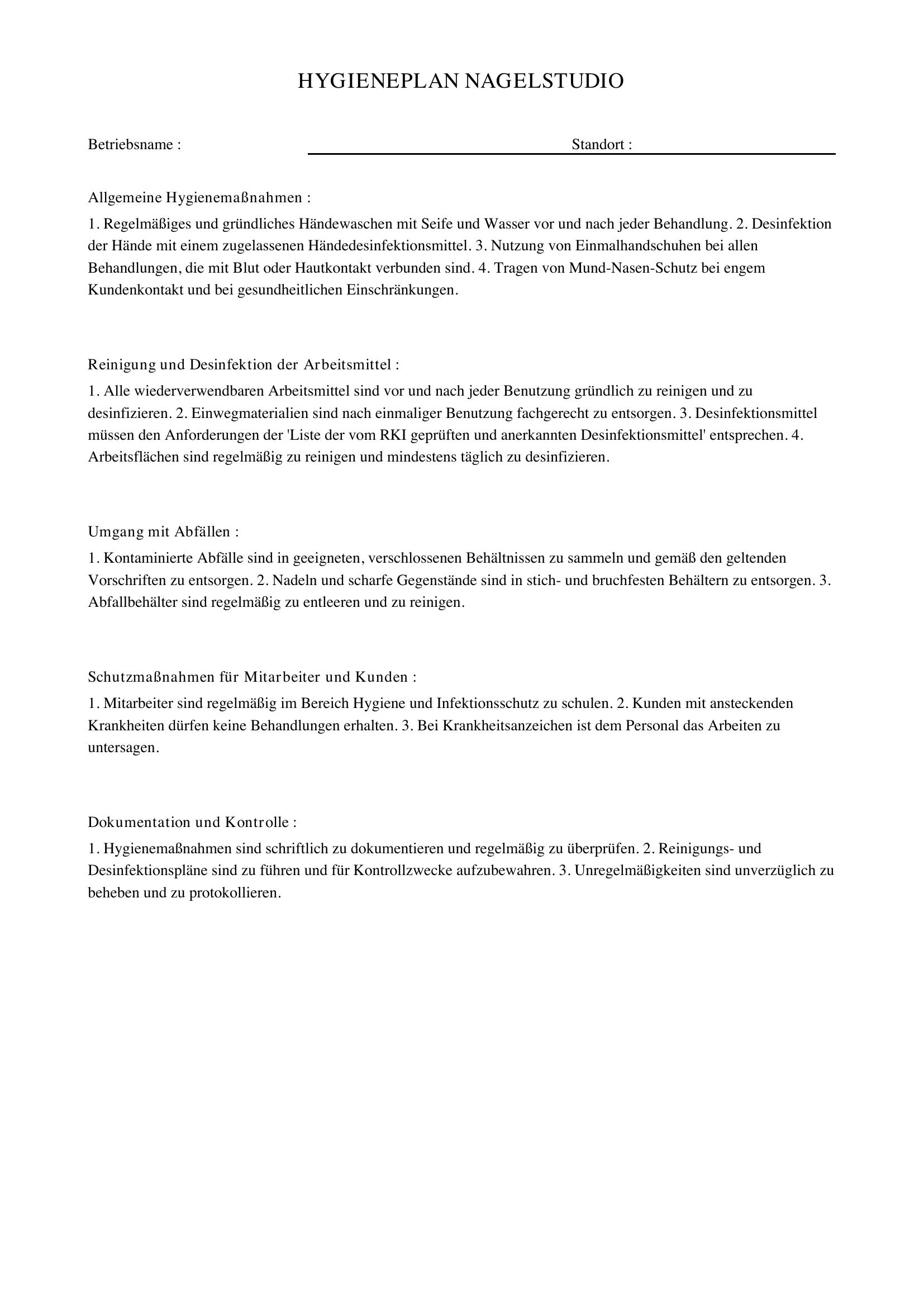 Hygieneplan Nagelstudio Vordruck