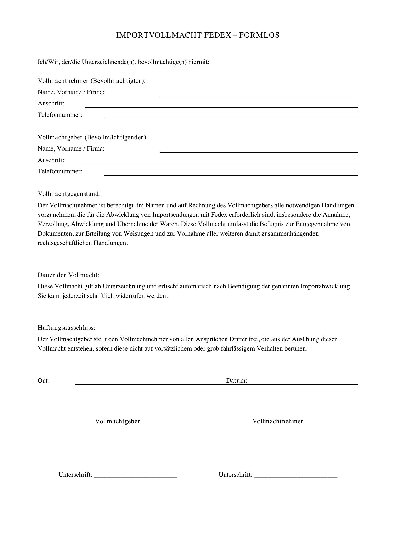 Importvollmacht Fedex Formlos