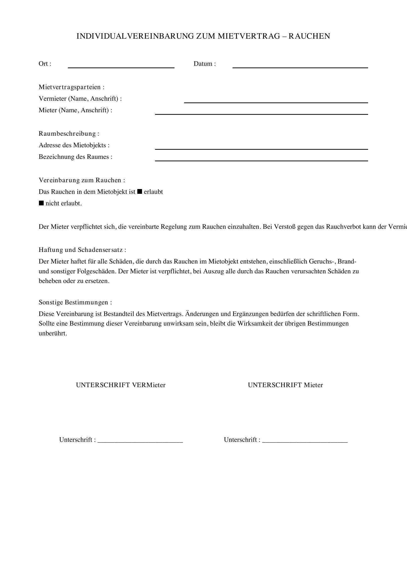 Individualvereinbarung Mietvertrag Rauchen