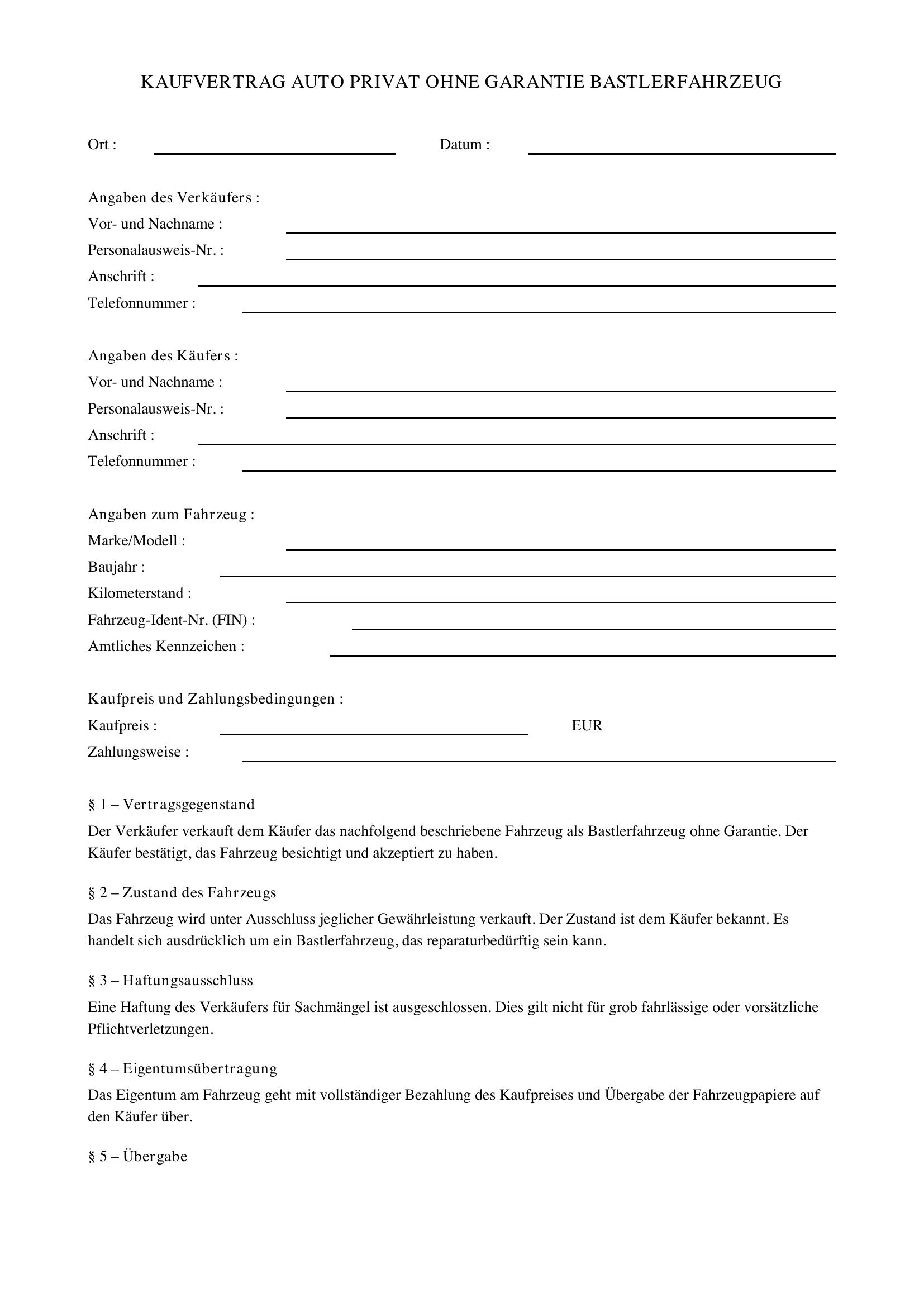 Kaufvertrag Fr Bastlerfahrzeug